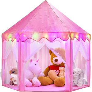 BELLOCHIDDO Tienda de campaña de princesa para niñas, tienda de campaña rosa con luces LED de estrella, castillo de princesa, casa de juegos para BELLOCHIDDO Tienda de campaña de princesa para niñas, tienda de campaña rosa con luces LED de estrella, castillo de princesa, casa de juegos para