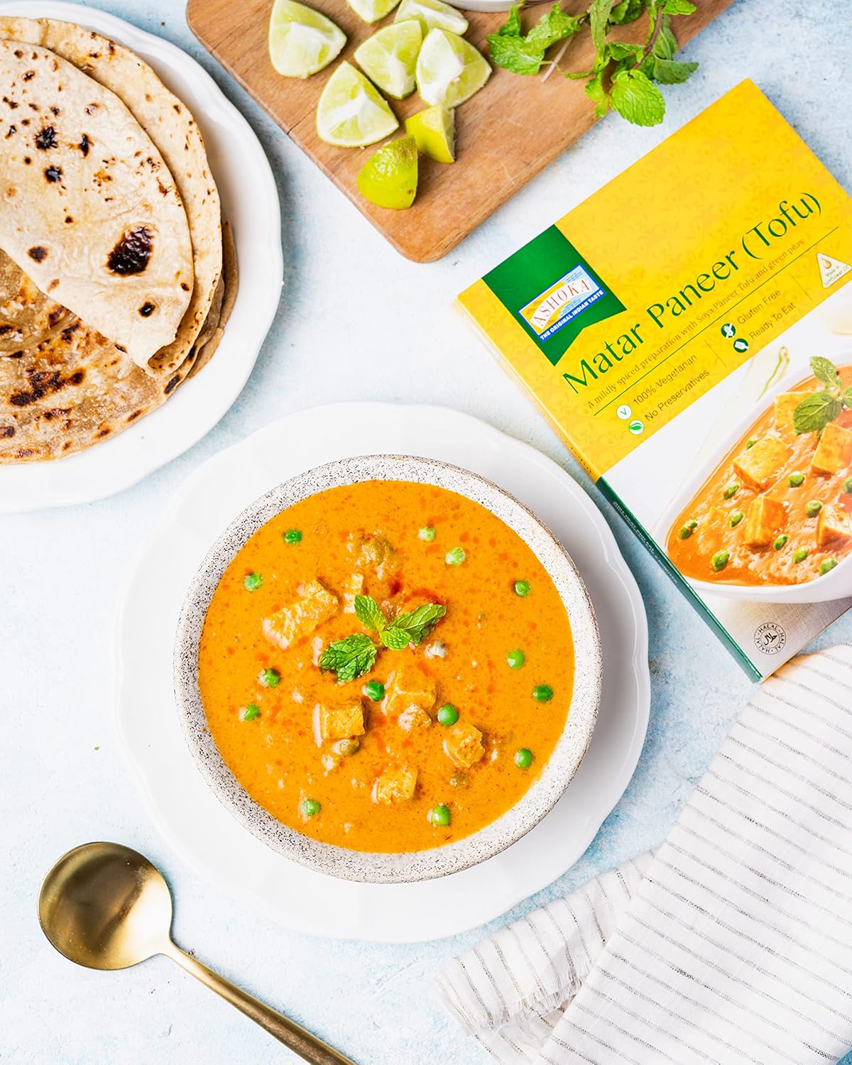 Ashoka Comidas indias listas para comer desde 1930, 100% vegano Matar Paneer (Tofu), comida india totalmente natural cocinada tradicionalmente, a
