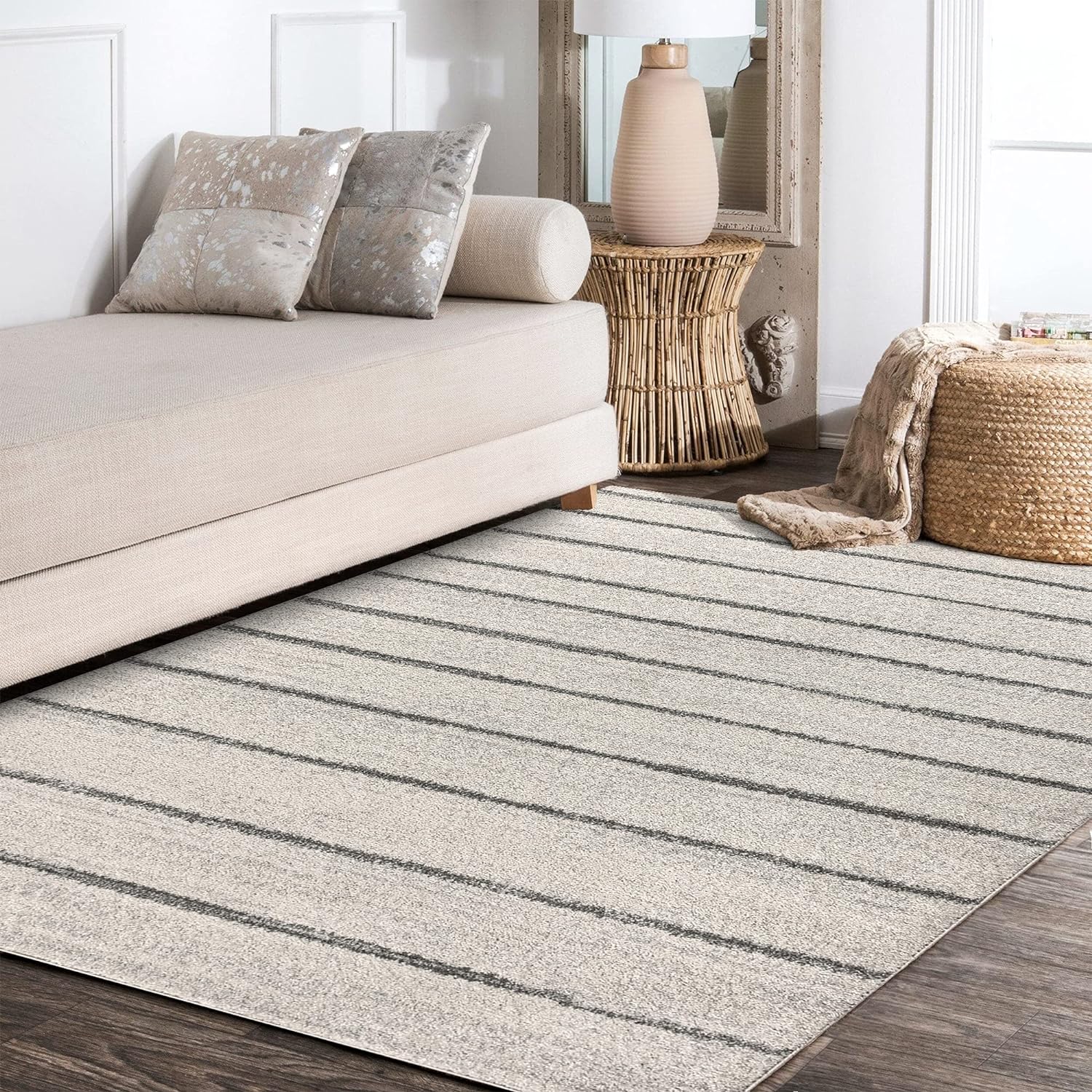 JONATHAN Y MOH201A-4 Williamsburg – Alfombra minimalista a rayas para interiores, estilo granja, bohemio, minimalista, fácil de limpiar, para