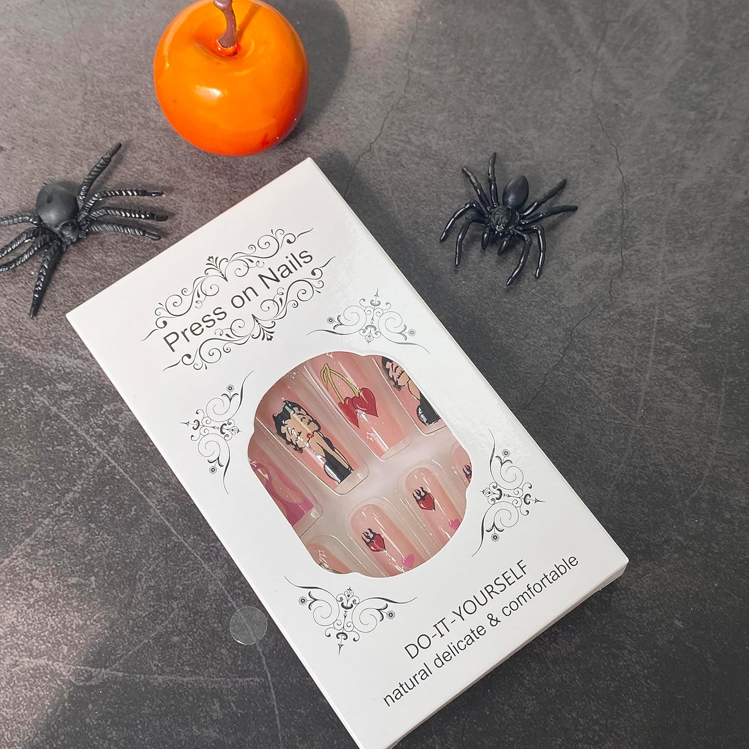 Uñas postizas largas a presión de Halloween, con estrellas, corazones, telaraña, dulce joven, uñas acrílicas rosas y blancas con punta francesa,