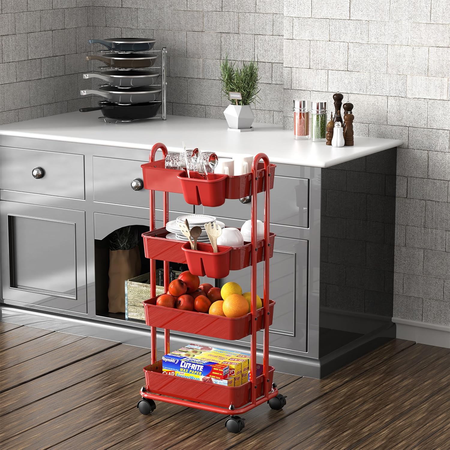 SimpleHouseware – Carrito utilitario multifuncional de 4 niveles con divisores de cesta y cubos colgantes, color rojo
