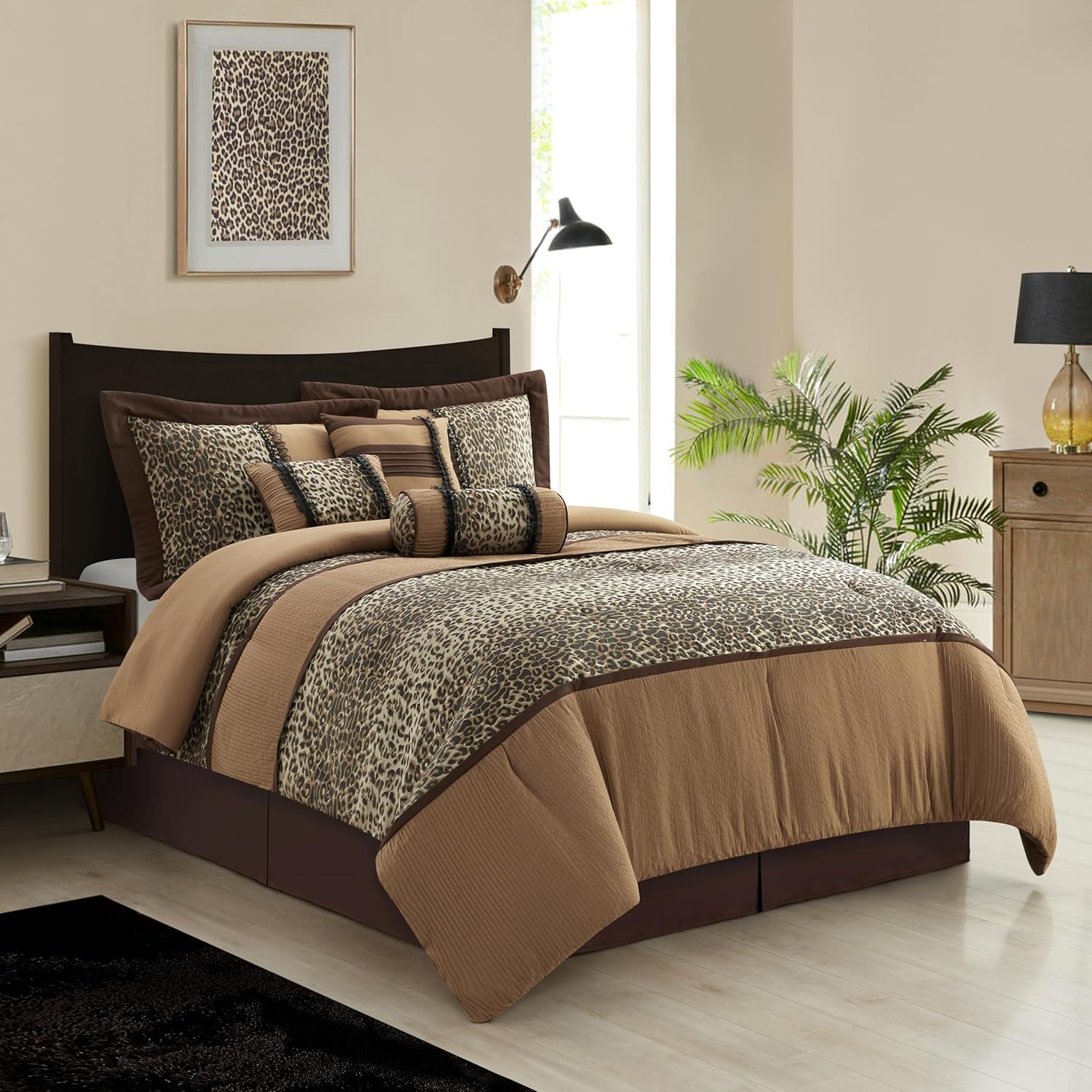 Grand Avenue Juego de edredón California King de leopardo marróngris pardo, 7 piezas, decoración del hogar, microfibra ligera de alta calidad, falda