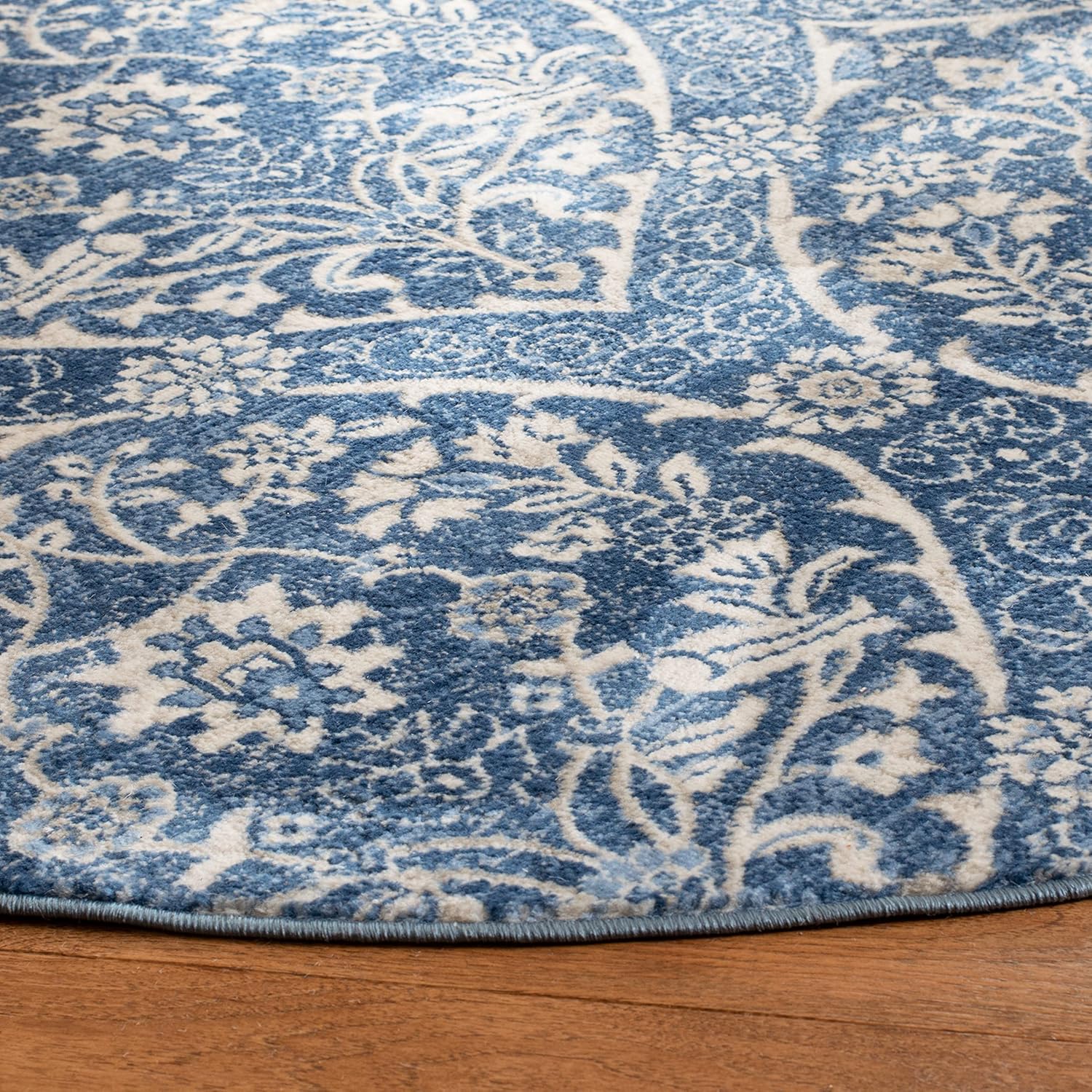 SAFAVIEH Brentwood Collection – Alfombra redonda de 5 pies, azul marino y gris claro, diseño floral de damasco Ogee enrejado, no desprende pelusa y
