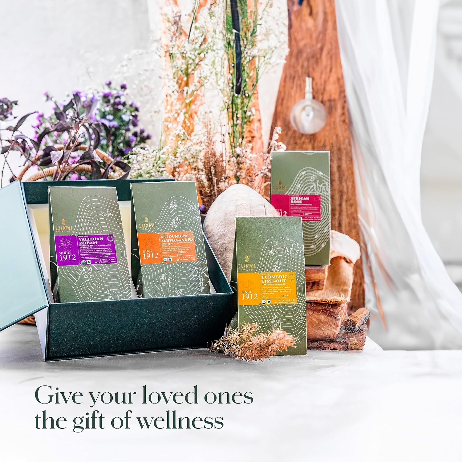 Luxmi Estates – Juego de regalo de té de hierbas orgánico surtido  4 tés de hierbas, 100 bolsitas de té  Caja de regalo de bienestar durante todo el