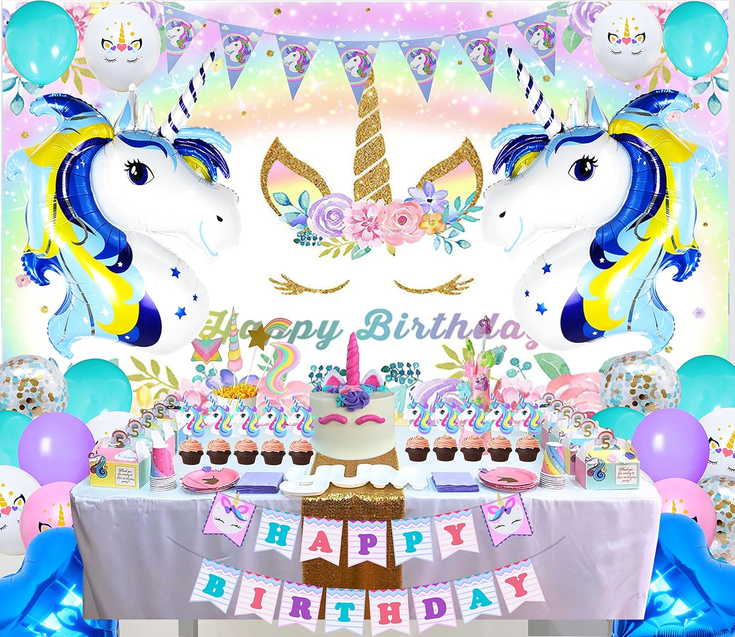 Welliboom Lindos suministros de fiesta de cumpleaños de unicornio de dibujos animados con pancarta, decoración de fiesta para niños, decoración de