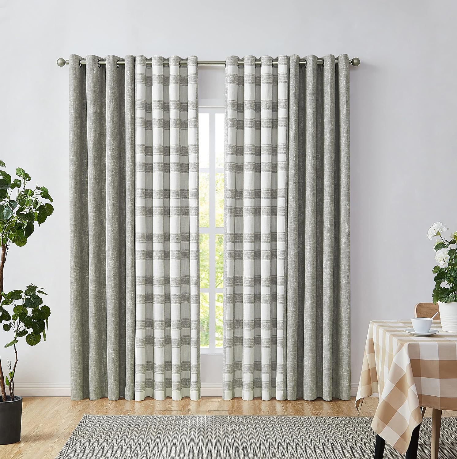Cortina opaca a cuadros para ventana, panel geométrico a cuadros, con aislamiento térmico, extra larga para dormitorio, sala de estar, ojales en la