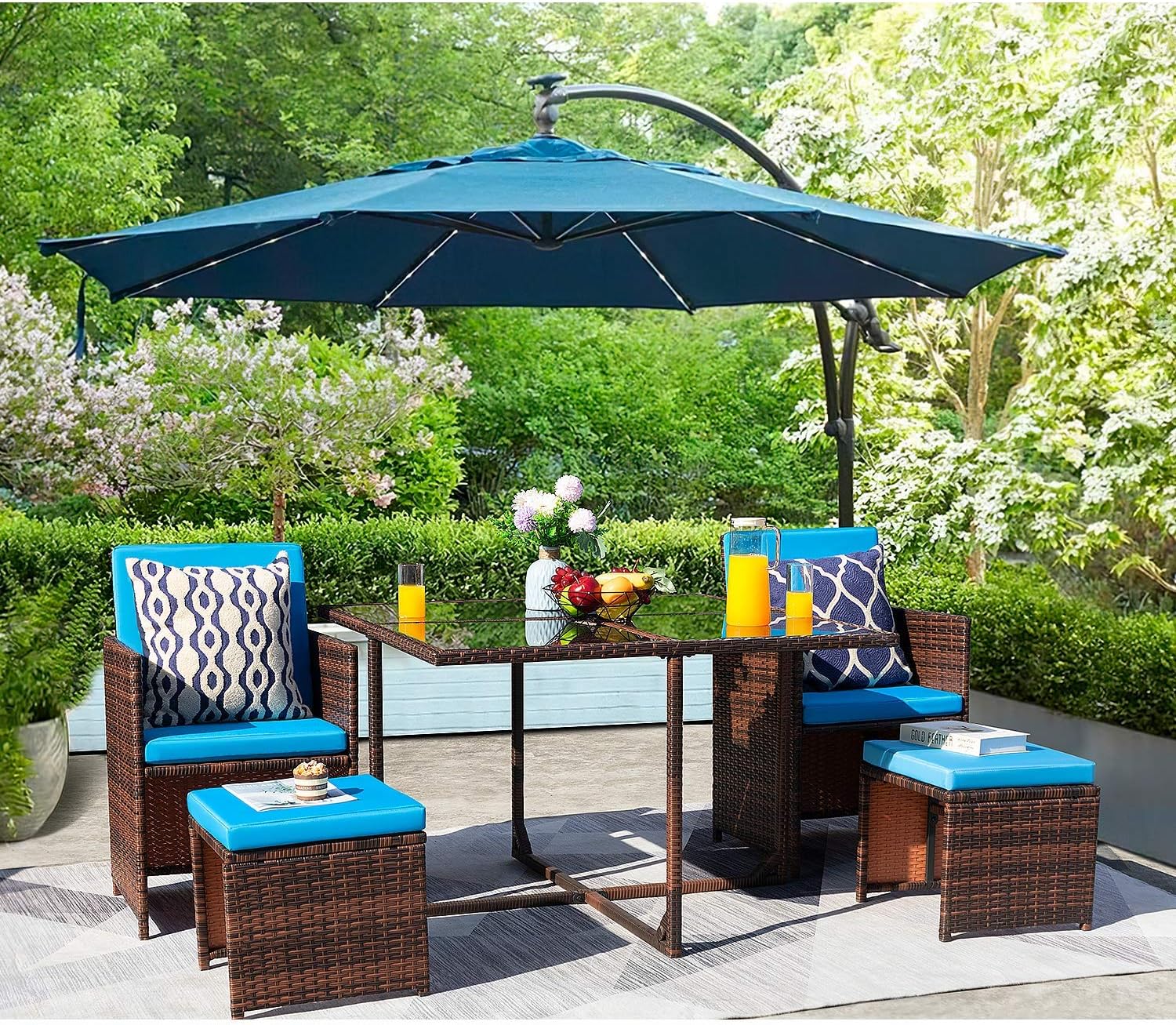 KaiMeng – Juego de comedor de 5 piezas para patio, sillas de mimbre marrón y negro, para exteriores, muebles de mimbre para balcón, porche con