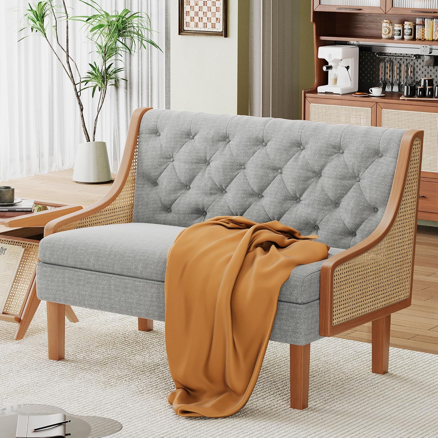 Andeworld Banco de sofá biplaza con brazos de ratán natural, mini sofá tapizado moderno, banco de comedor de banqueta, asiento de amor para sala de