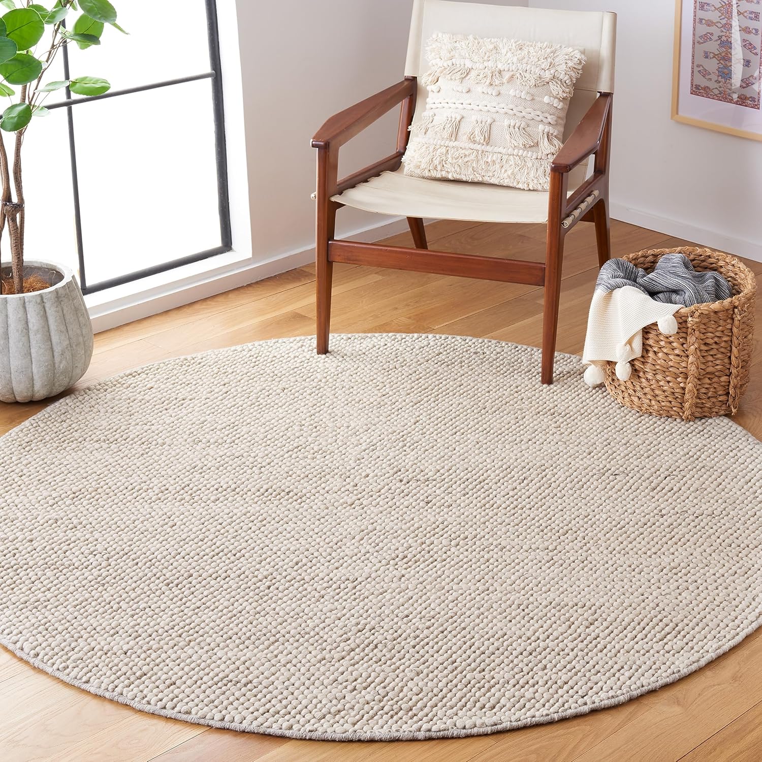 SAFAVIEH Natura Collection – Alfombra redonda de 4 pies, gris y marfil, textura hecha a mano, ideal para sala de estar, dormitorio, comedor