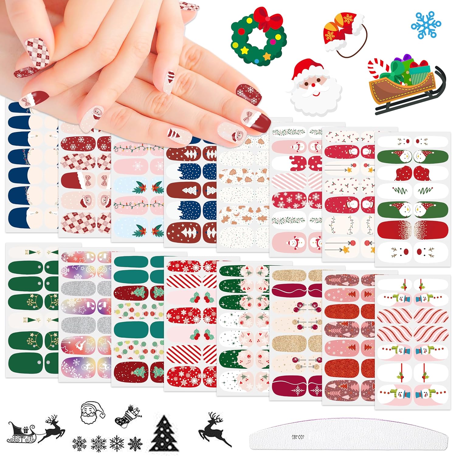 16 hojas de tiras de esmalte de uñas de Navidad, autoadhesivas, luces de árbol de Navidad, copo de nieve, muñeco de nieve, calcomanías de uñas de