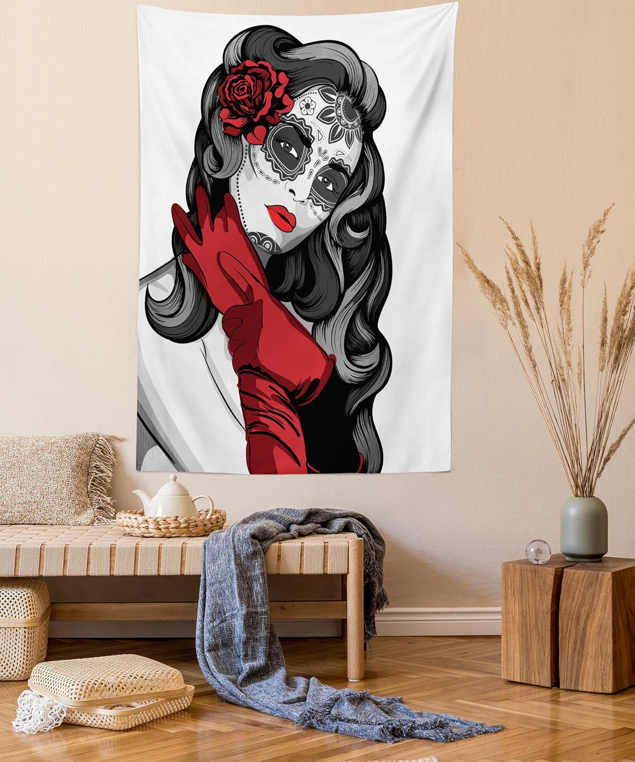 Ambesonne Tapiz de calavera, estilo mexicano con forma de azúcar, floral, malvado, gótico, arte muerto, latín, para colgar en la pared para