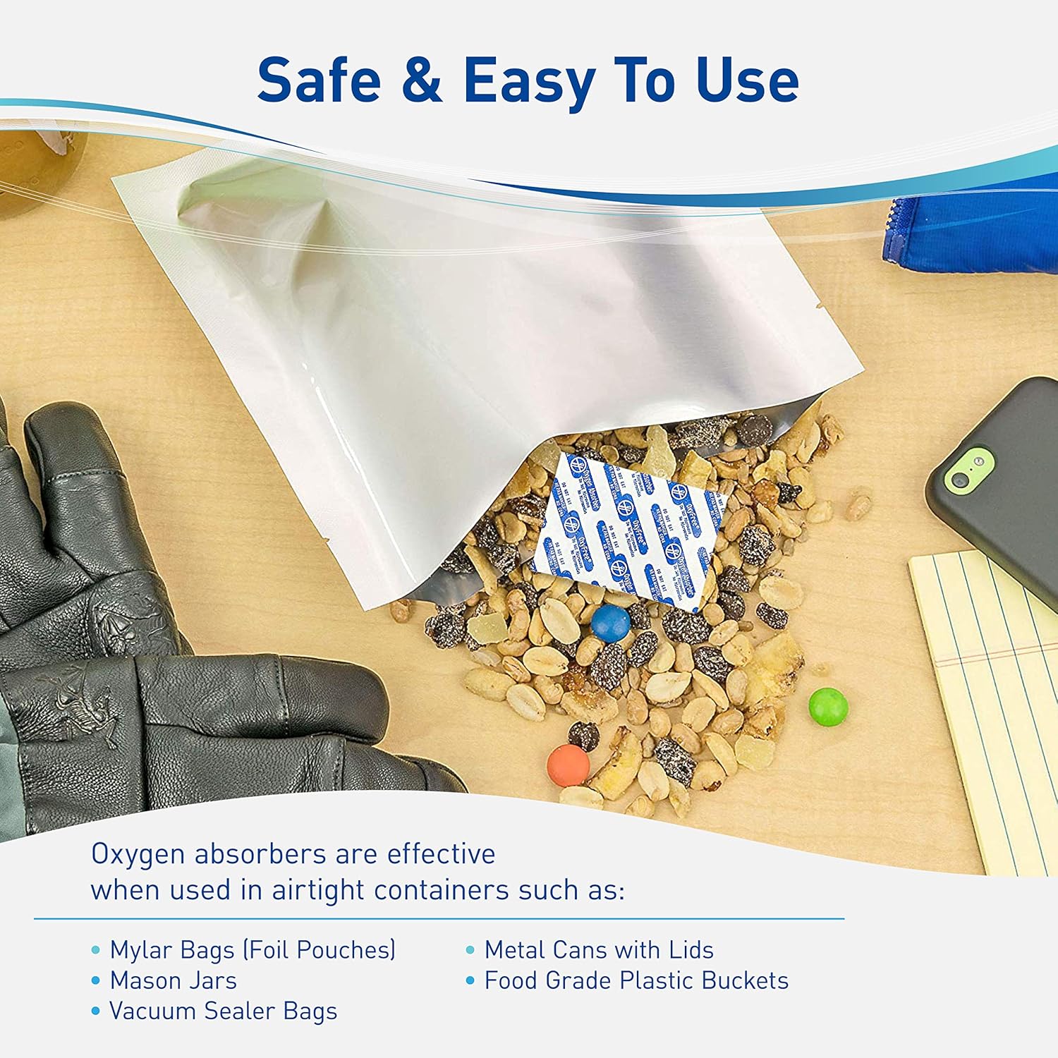 OxyFree Absorbentes de oxígeno para bolsas Mylar o bolsas selladoras al vacío para almacenamiento de alimentos (300 cc – cantidad 50)