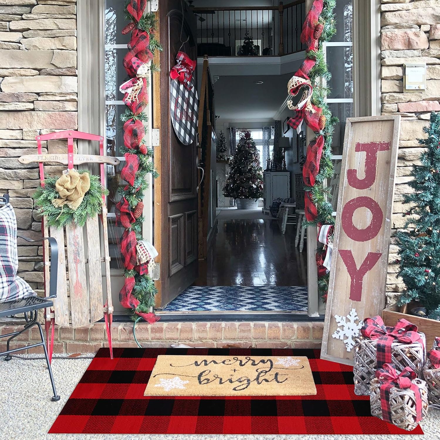 Alfombra de Navidad a cuadros para exteriores, 2 x 4 pies 3 pulgadas, rojo y negro, alfombra de área para interiores y exteriores, alfombra de capas