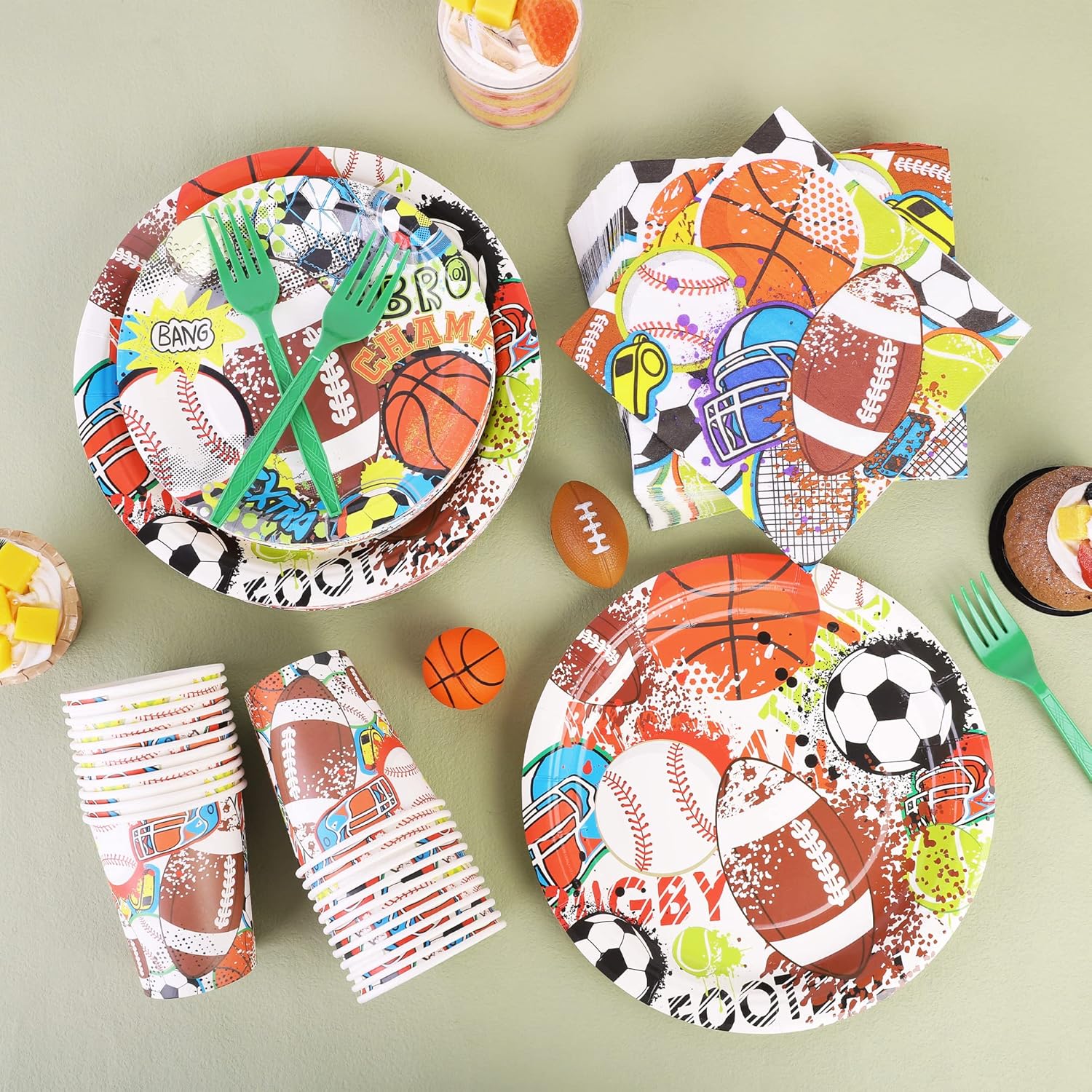 durony Juego de 144 platos de papel y servilletas con temática deportiva, vajilla para fiesta de cumpleaños, platos de papel, servilletas, tenedores