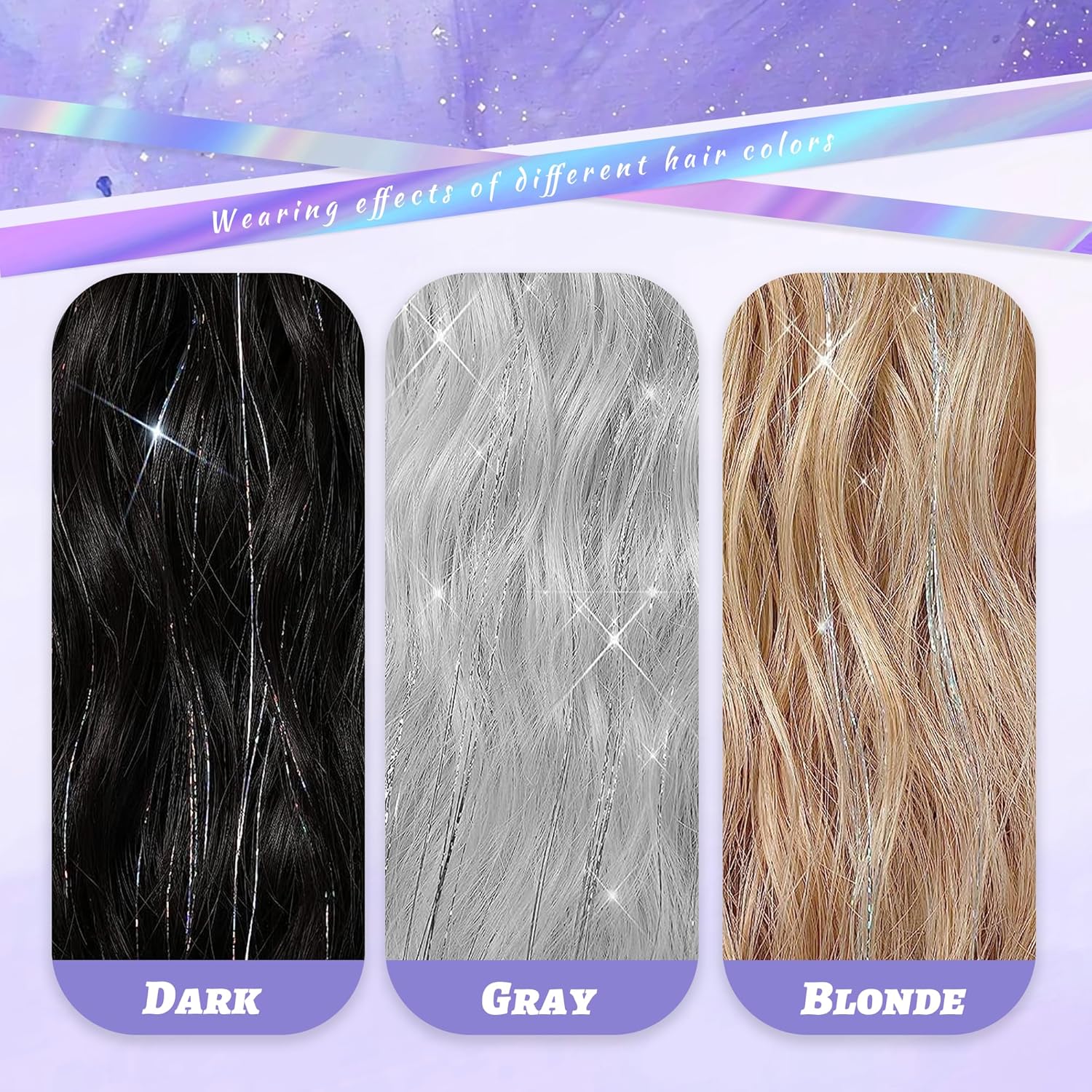 Paquete de 6 piezas de kit de oropel con clip, extensión de cabello de oropel con purpurina de 20 pulgadas con clips, resistente al calor, mechones