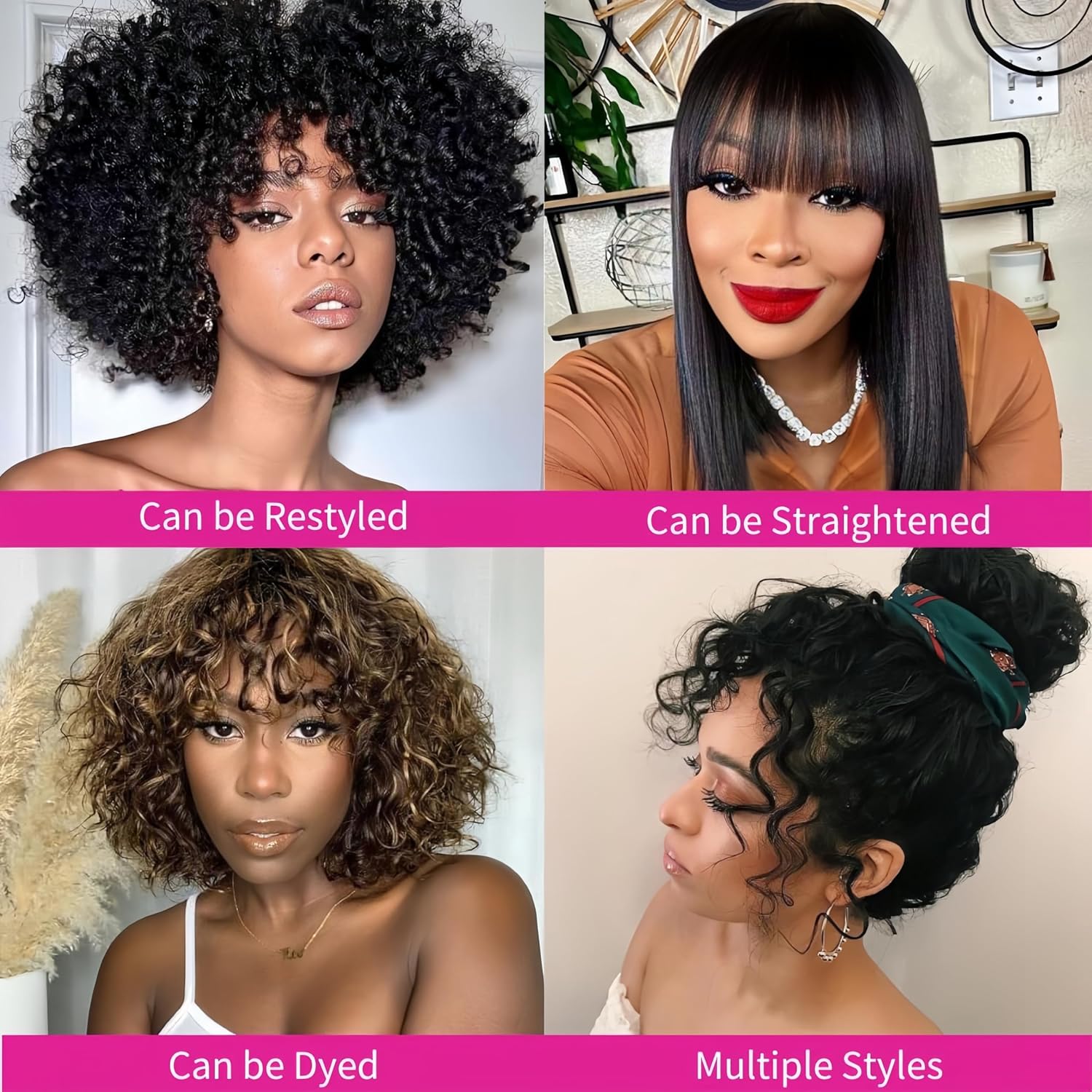 ZABUZAUN Pelucas humanas cortas y rizadas con flequillo para mujeres negras, 100% cabello humano virgen brasileño, hechas a máquina, sin pegamento,