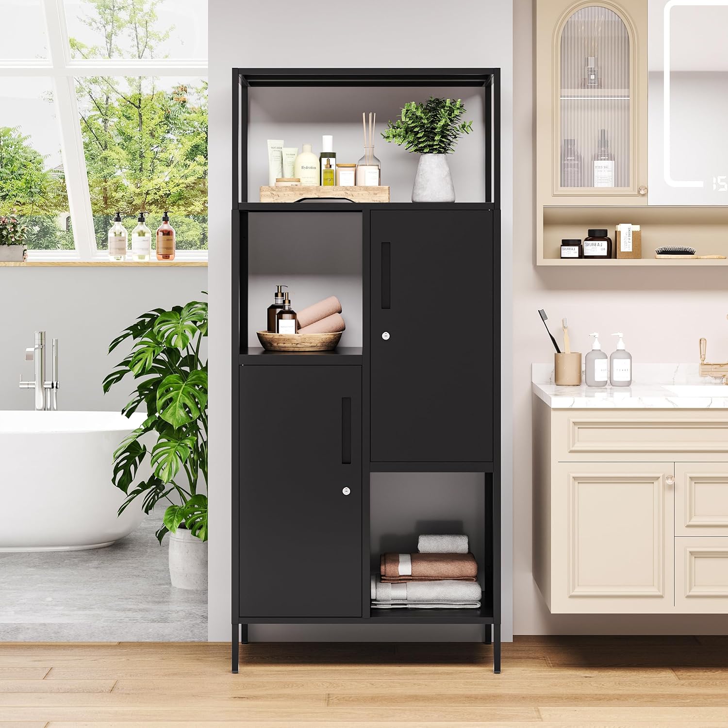 LISSIMO Gabinete de almacenamiento de metal con estante de almacenamiento abierto, estante de almacenamiento negro con puertas dobles, armario de