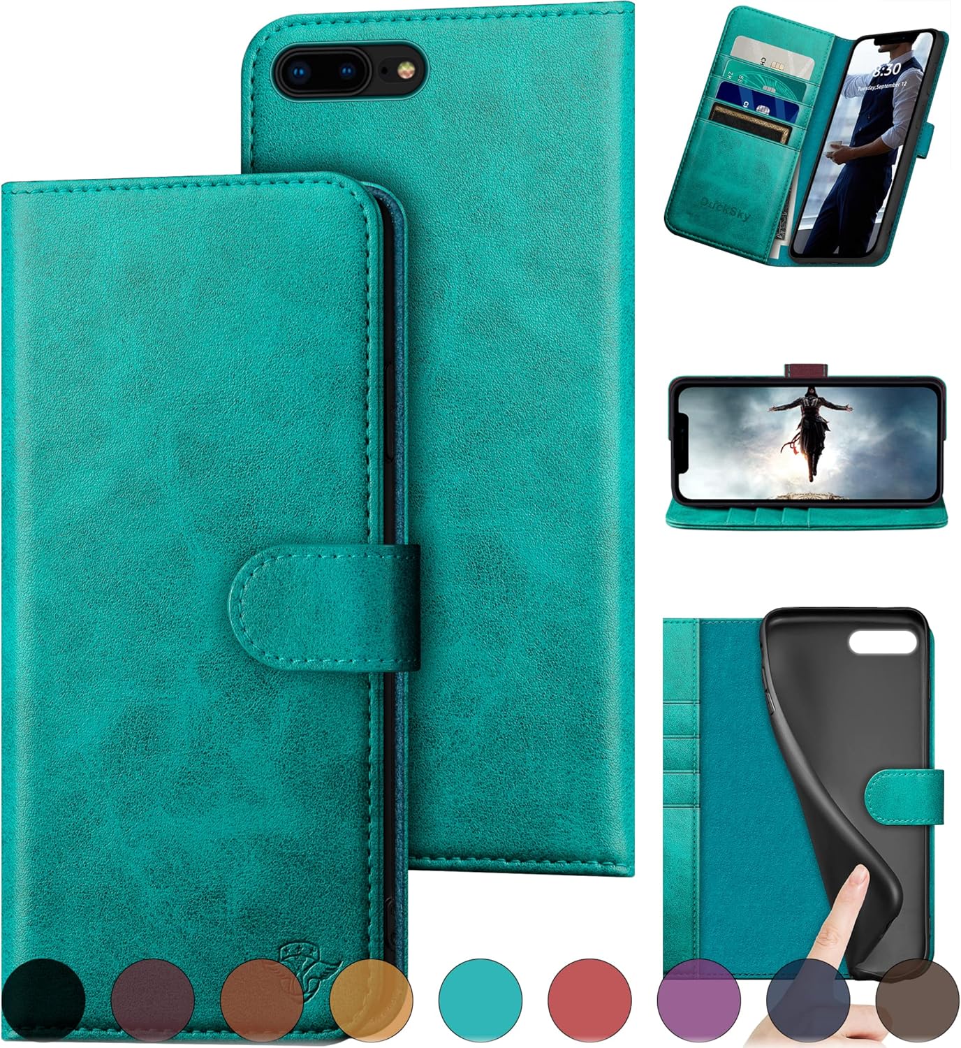 Funda tipo cartera de piel auténtica para iPhone 7 Plus8 Plus bloqueo RFID 4 tarjeteros de créditoCuero auténtico Funda protectora para teléfono con