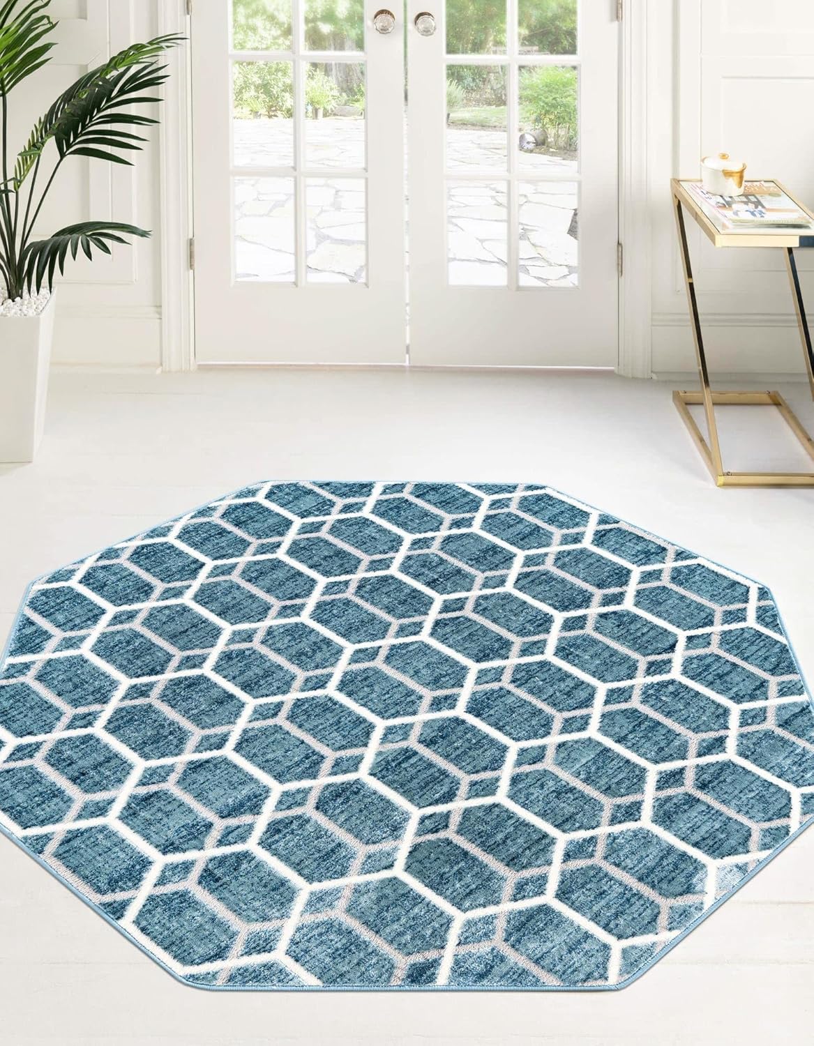 Unique Loom Matrix Trellis Collection – Alfombra de área (octágono de 5 pies 3 pulgadas, azulmarfil)