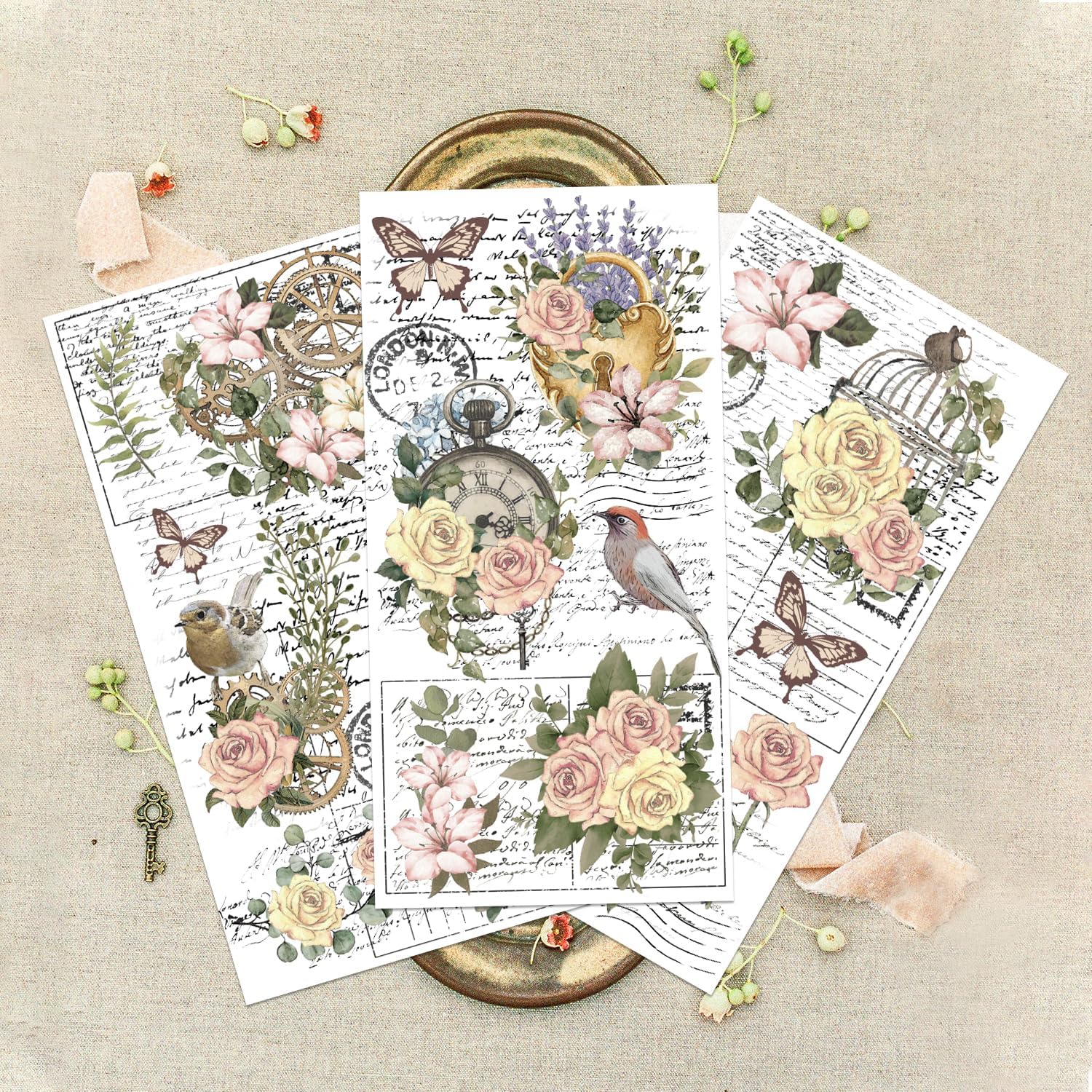 GLOBLELAND 3 hojas de flores y pájaros que se frotan en transferencias de flores vintage para manualidades, transferencia para manualidades y