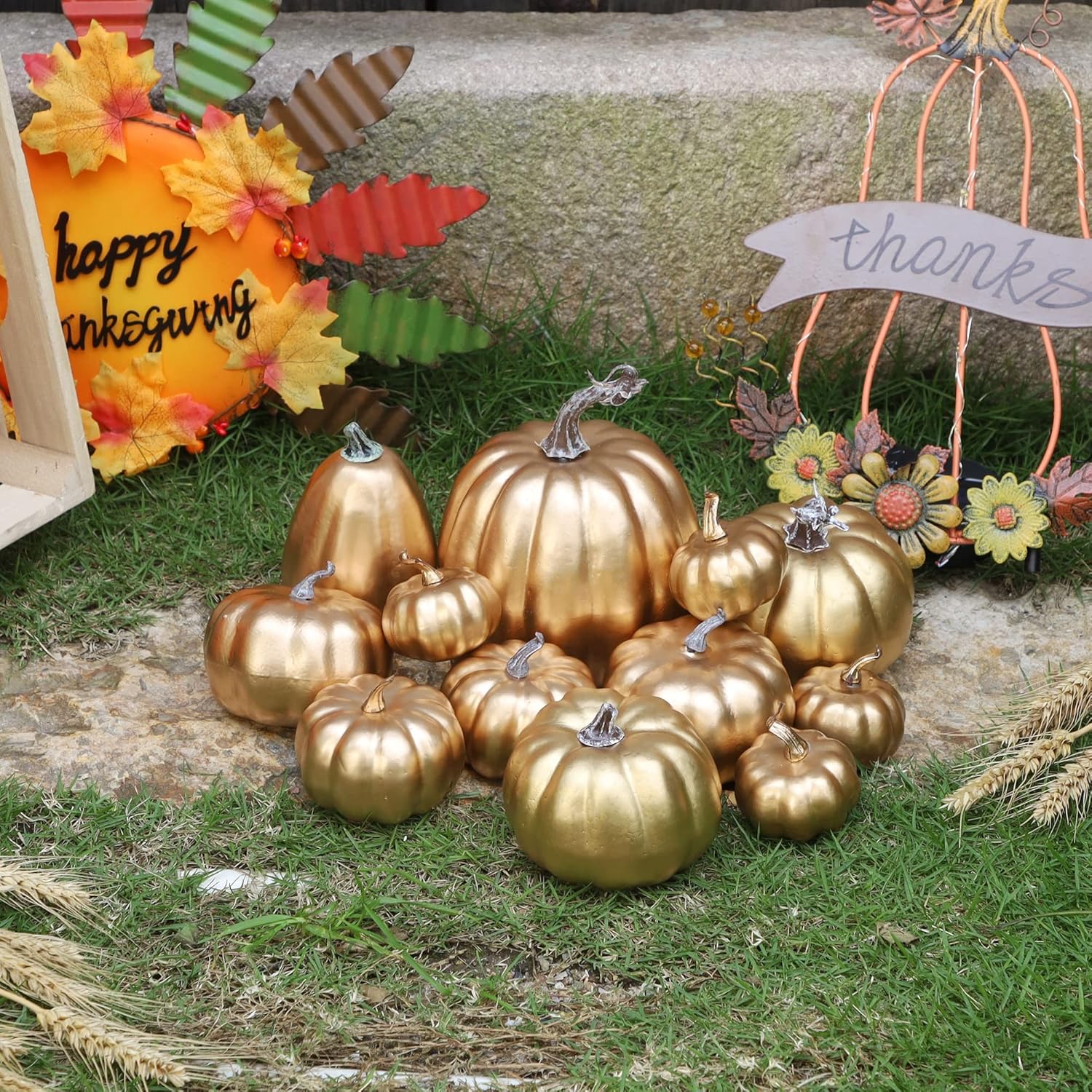 winemana 12 calabazas artificiales de varios tamaños, calabazas doradas, decoración de otoño, calabazas falsas, decoraciones de otoño para el hogar,