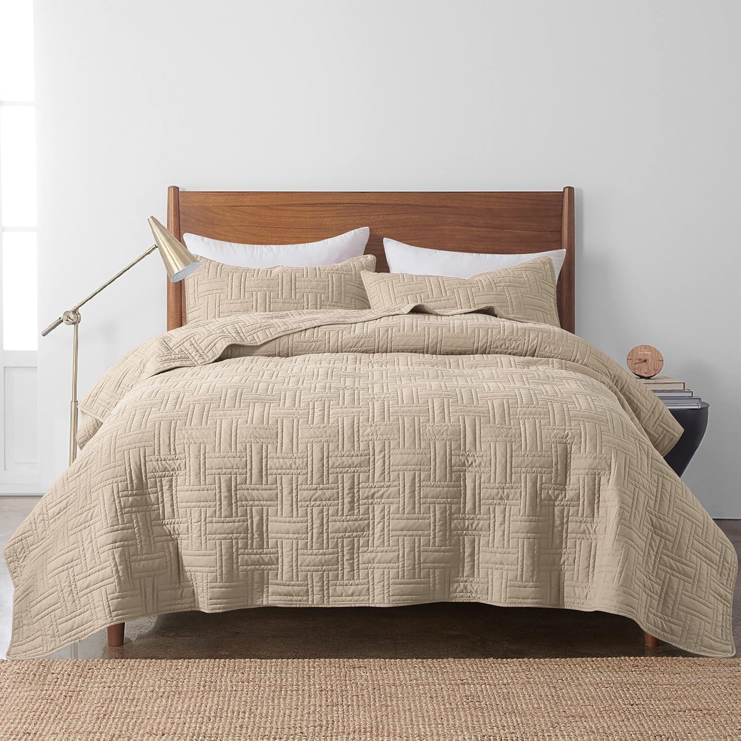 Juego de ropa de cama beige tamaño Queen con fundas de almohada, colcha ligera y suave, manta acolchada de tejido de canasta, funda de cama fina
