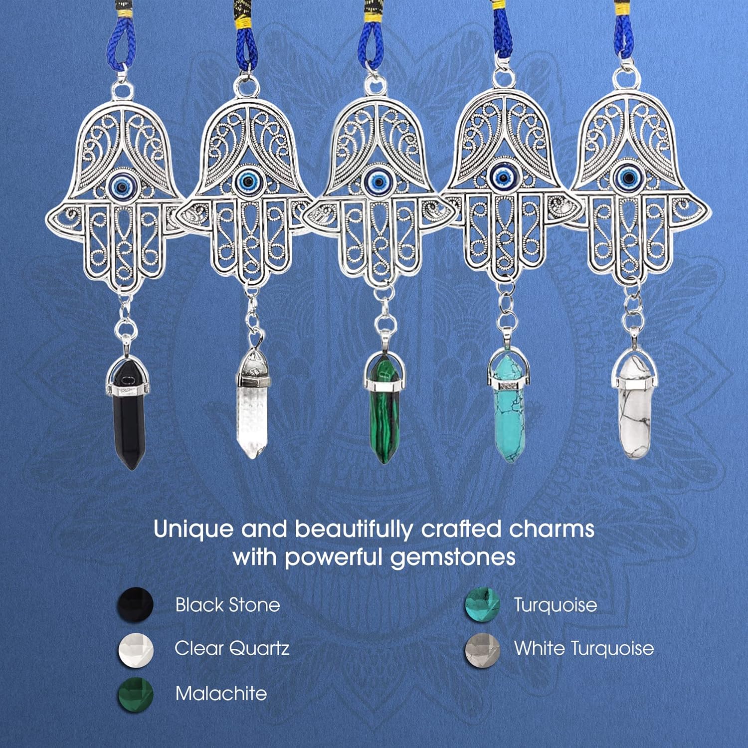 Silver Ornate Hamsa Hand Jeweled Keychain – Evil Eye Protection, Hanging Gemstone – Good Luck Charms 1.8″x9″