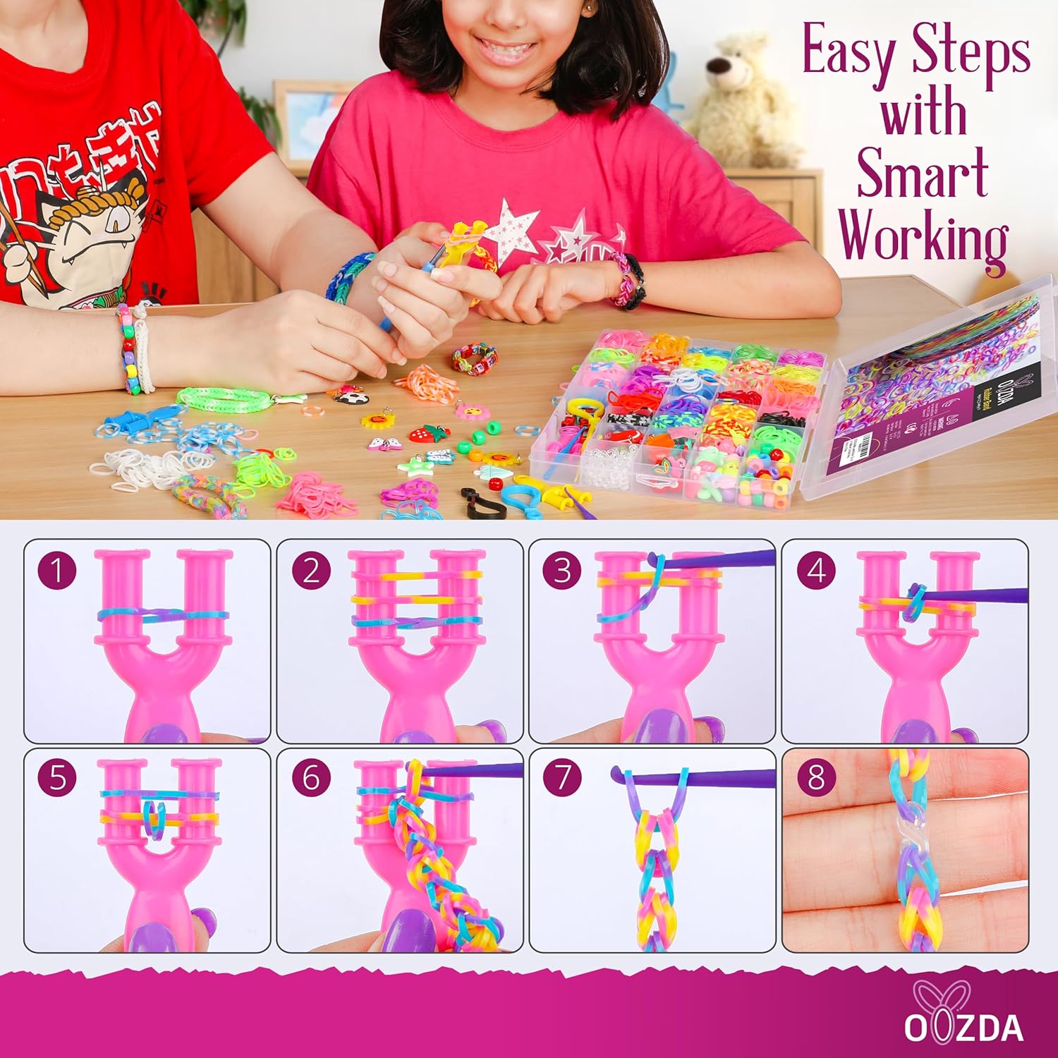 OOZDA Kit de pulsera de banda de goma con un gancho de ganchillo de metal, kit de fabricación de pulseras de telar de 28 colores para niños, kit de