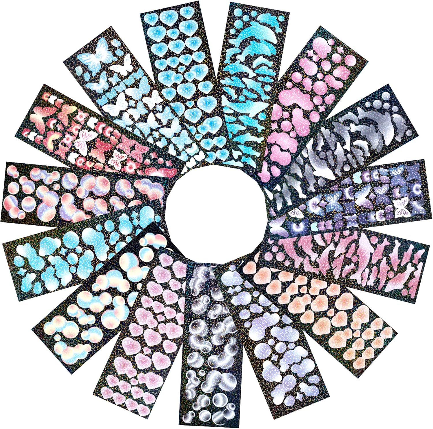 OIIKI 15 hojas de calcomanías coloridas brillantes con láser, burbujas con purpurina, delfín, mariposa, calcomanías de corazón, calcomanías