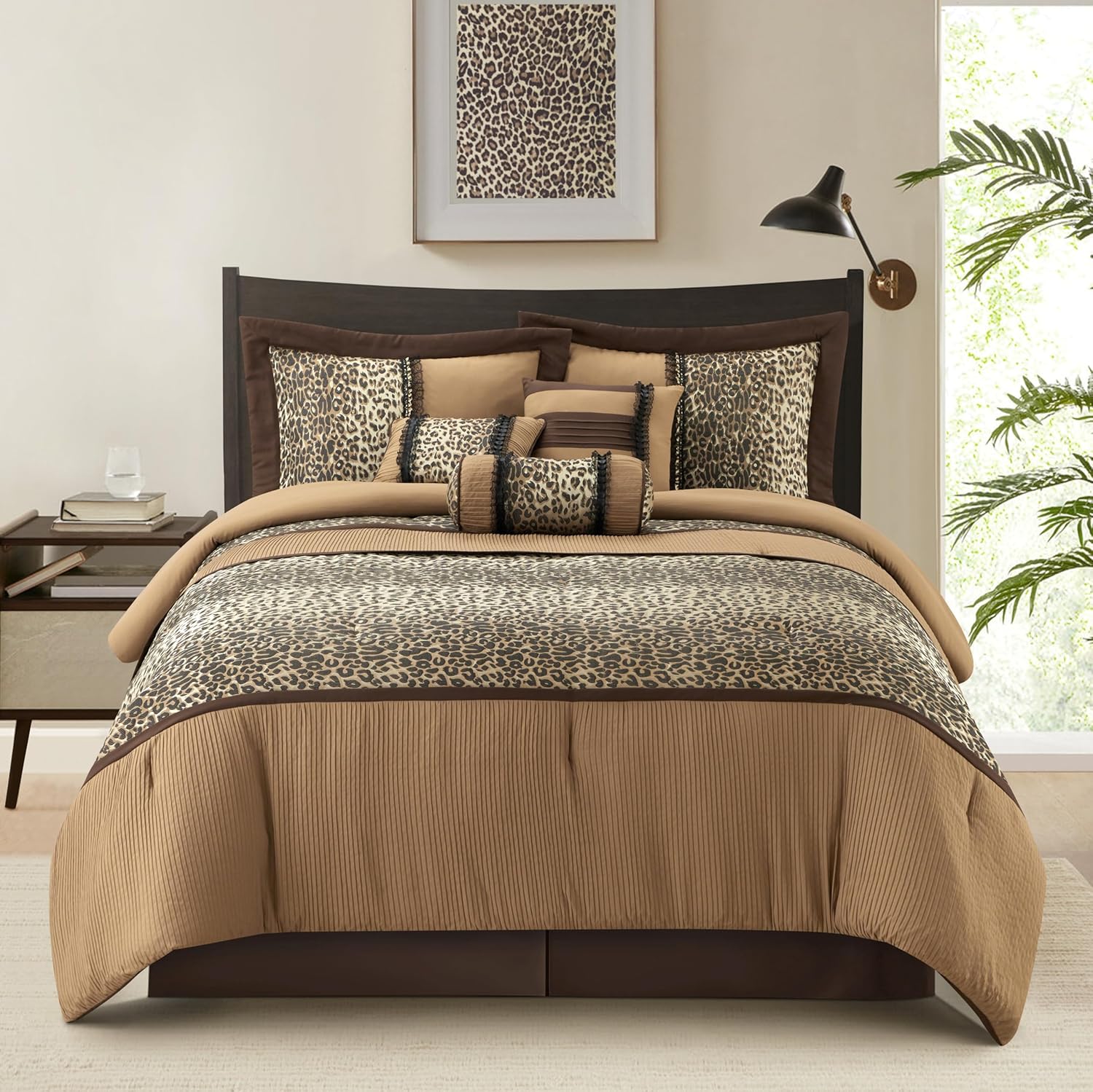 Grand Avenue Juego de edredón California King de leopardo marróngris pardo, 7 piezas, decoración del hogar, microfibra ligera de alta calidad, falda