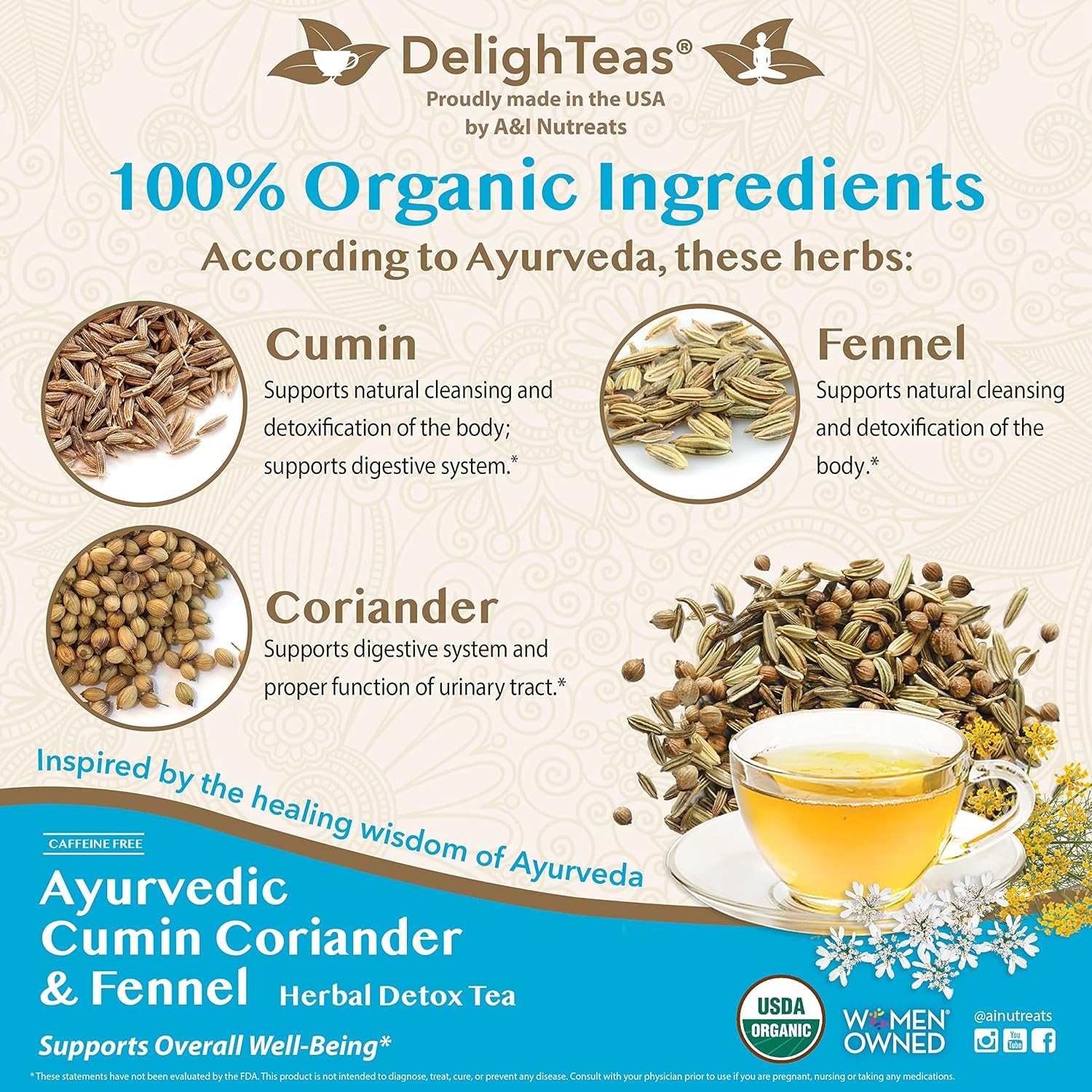 DelighTeas Té orgánico CCF Digest & Detox  Bolsas de té piramidales ecológicas y compostables  Comino ayurvédico, cilantro, té de hinojo  USDA