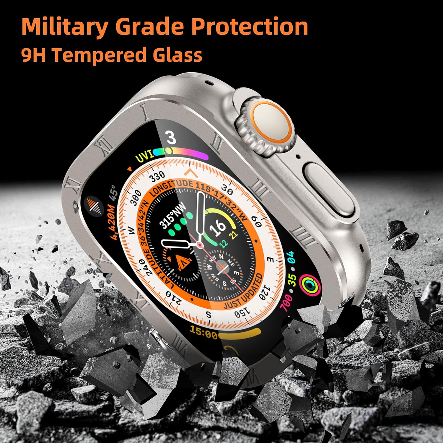 Paquete de 2 protectores de pantalla de vidrio templado con marco de aleación de titanio compatible con Apple Watch Ultra 2Ultra 2Ultra protector de
