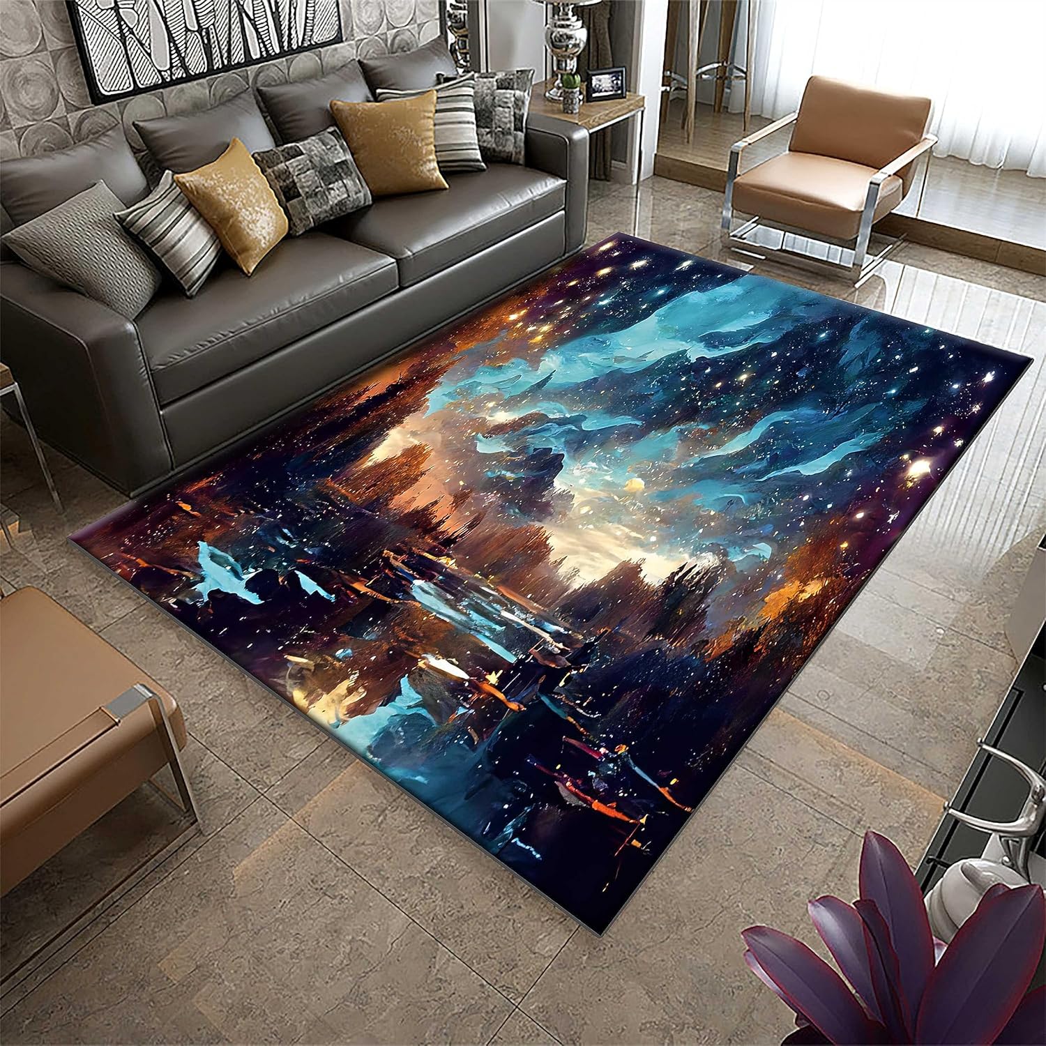 Alfombra de bosque de 3 x 4 pies, hermoso diseño de impresión 3D de cielo estrellado brillante, diseño de impresión 3D, elegante y grande, adecuada