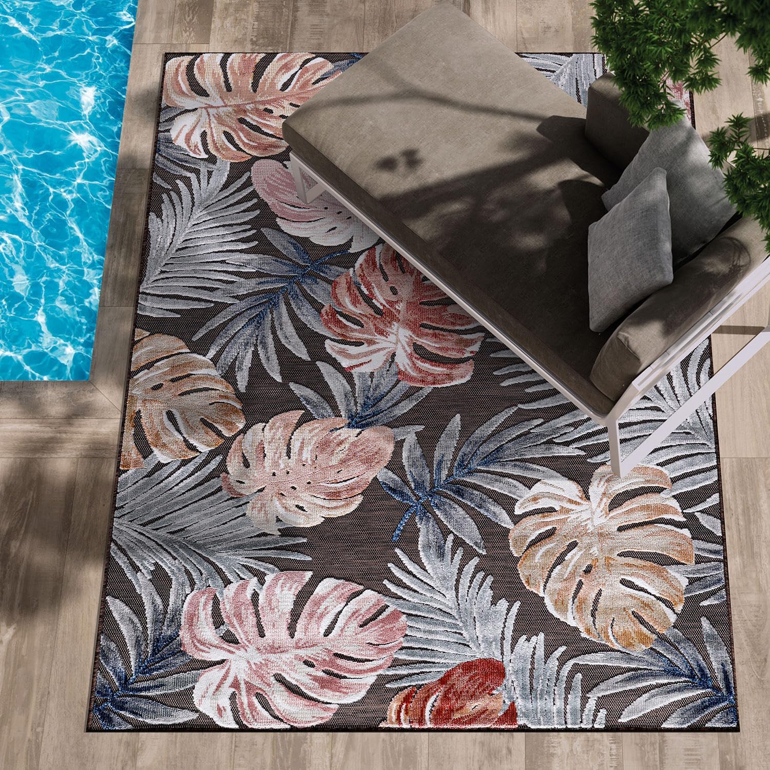 CAMILSON Alfombra para interiores y exteriores, alfombra de 6 x 9 pies, diseño botánico tropical de hojas marrones, fácil limpieza, no desprende