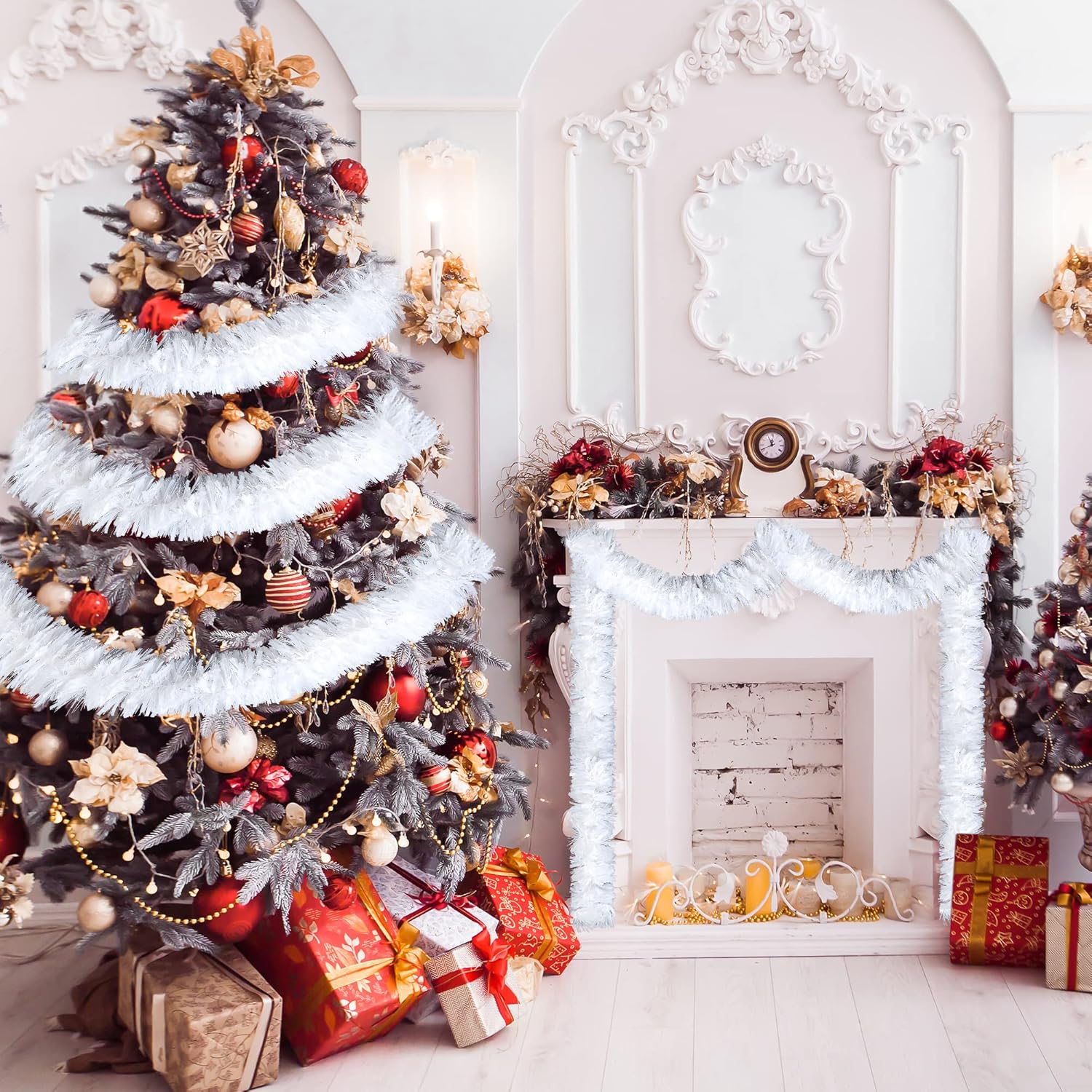Sggvecsy Guirnalda de oropel blanca de Navidad de 49.2 pies, decoración de árbol de Navidad, guirnalda metálica giratoria para colgar en el techo,
