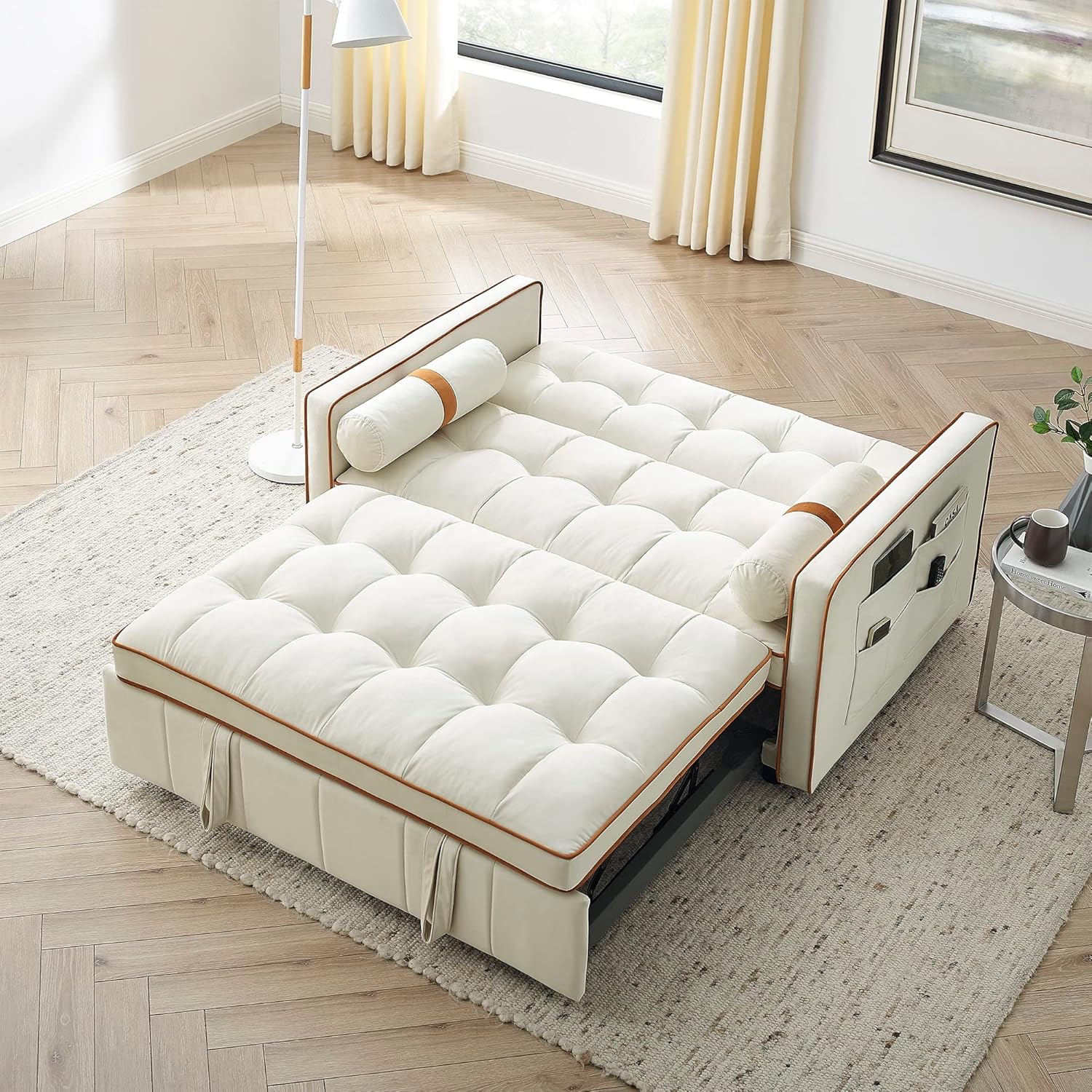 Sofá cama extraíble, color beige de 38.5 pulgadas de ancho + bolsillos laterales y almohadas lumbares