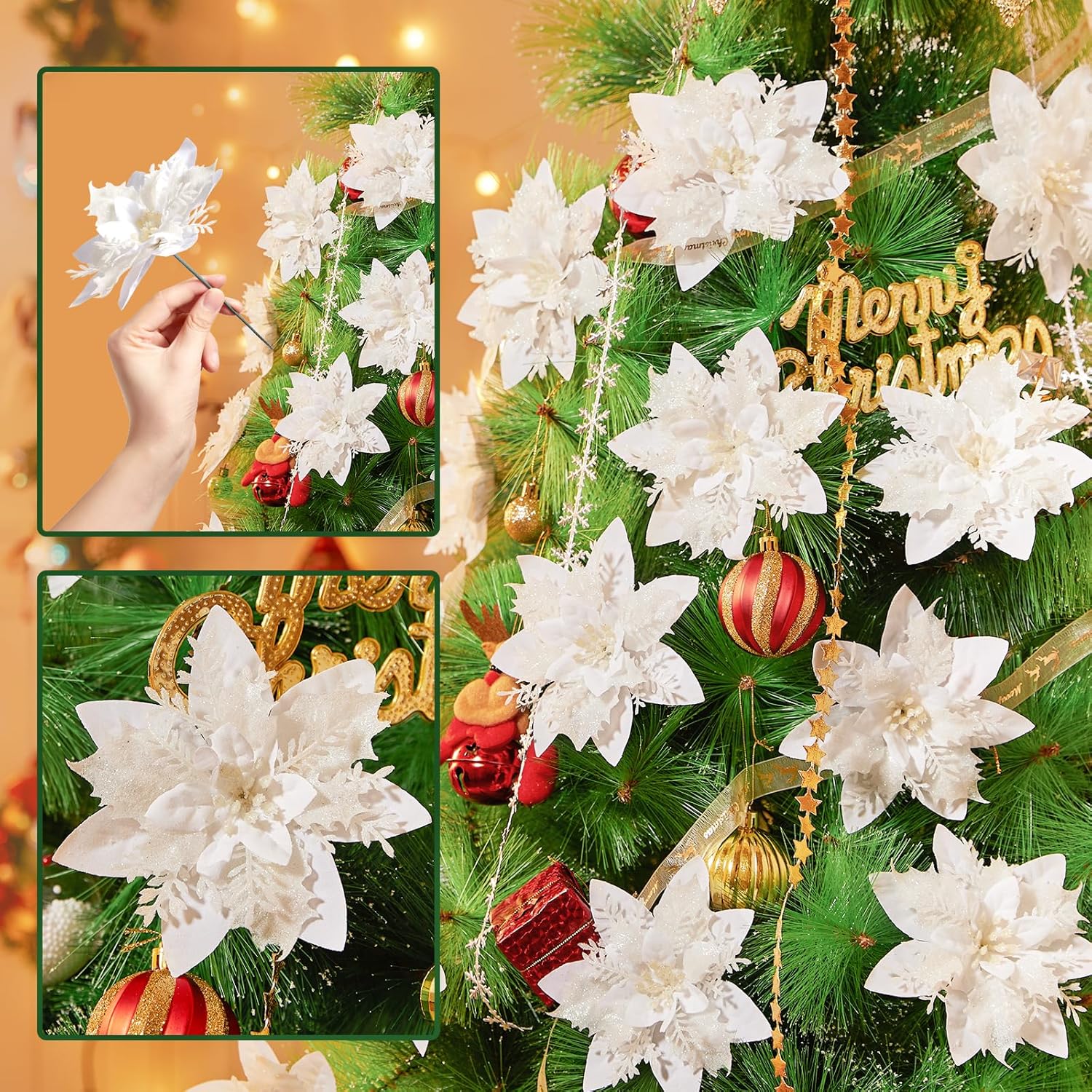 Serwalin 20 flores de Navidad artificiales blancas de 5.5 pulgadas, decoraciones con clips, tallos con purpurina, adornos de árbol de Navidad, boda,