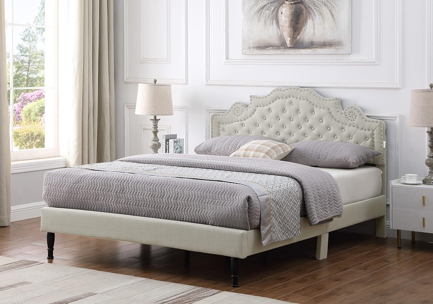 Base de cama de plataforma tapizada tamaño Queen con cabecero ajustable de 47 pulgadas de alto, cama de lino copetuda con botones, soporte de
