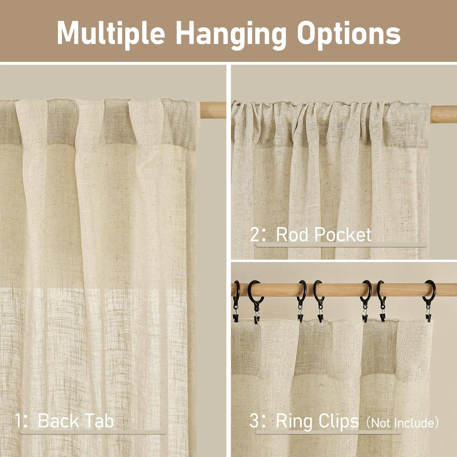 LAMIT Cortinas de lino sintético de 63 pulgadas de largo para dormitorio, con pestaña trasera y bolsillo para barra, cortinas de lino transparentes