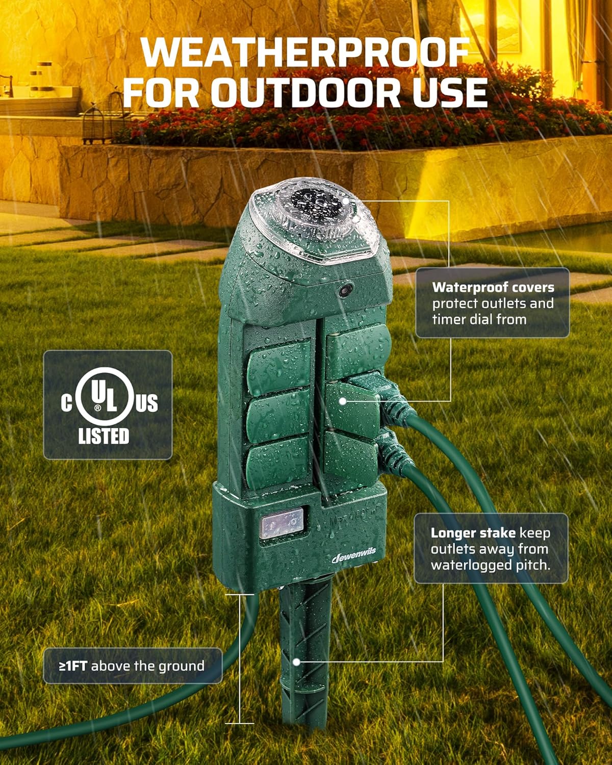 DEWENWILS Temporizador de regleta de alimentación para exteriores con fotocélula, temporizador de estaca de patio del atardecer al amanecer,