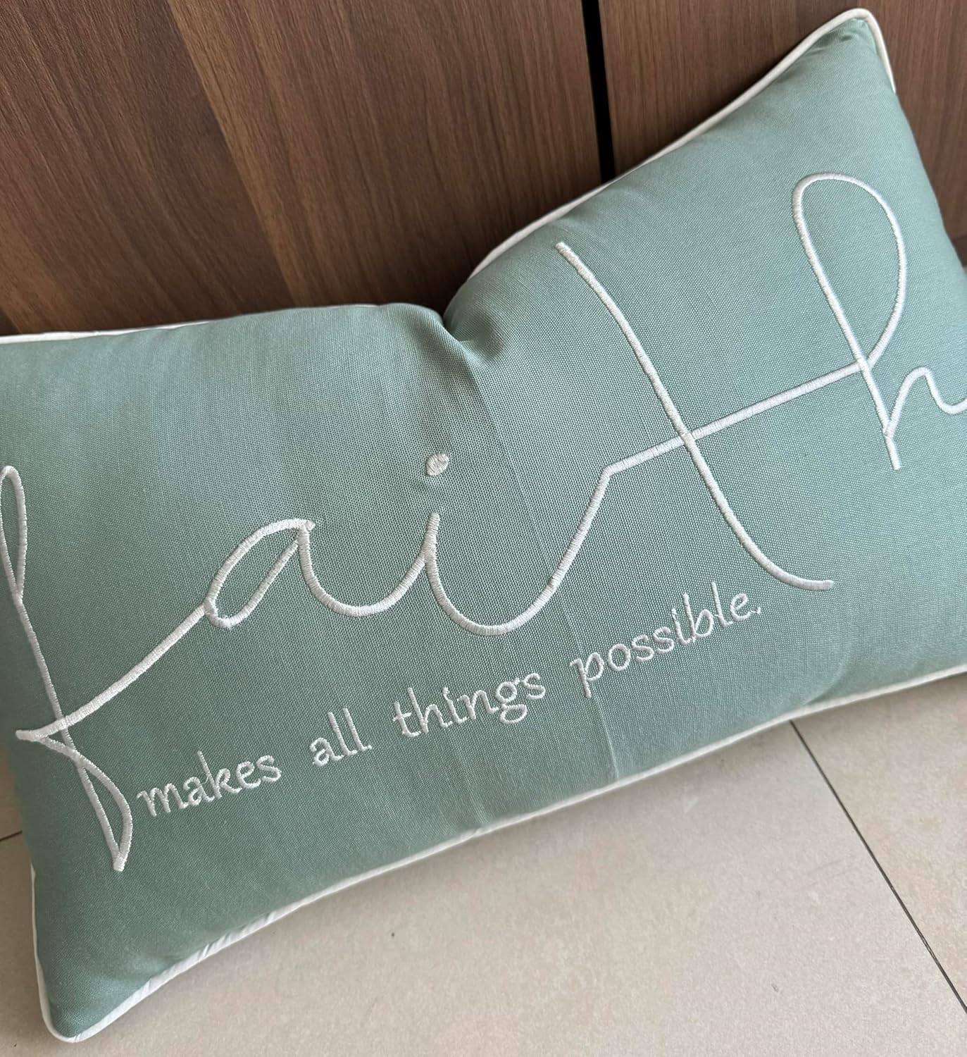 Rudransha Faith Sentiment – Funda de almohada decorativa bordada, decoración para el nuevo hogar, sofá, silla, 12 x 20 pulgadas, color verde azulado