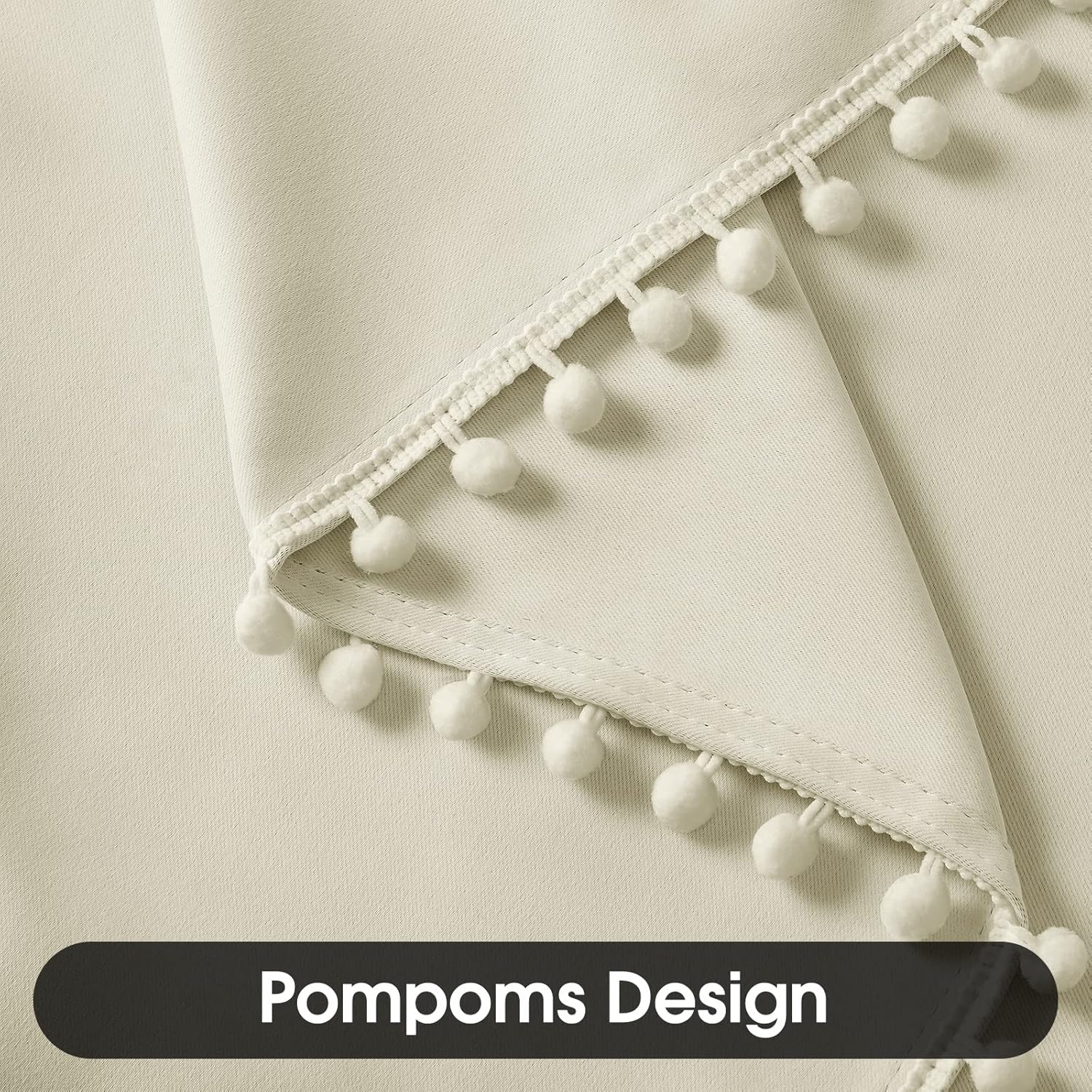 HOMEIDEAS Cortinas opacas beige con pompones de 52 x 63 pulgadas, cortinas color marfil para niños, cuarto de bebé, cortinas de oscurecimiento de