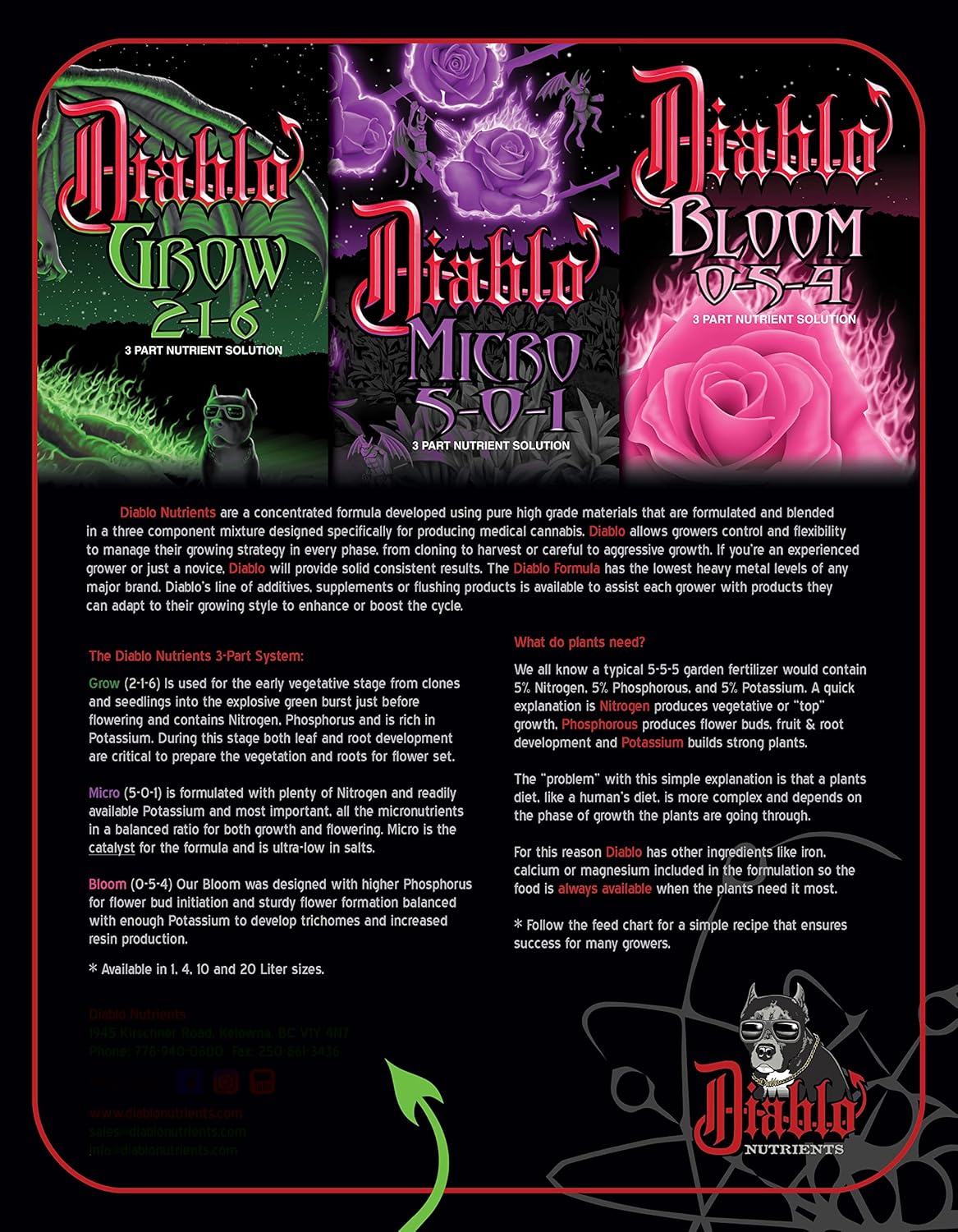Diablo Nutrients Micro, Grow and Bloom – Botellas de 10 litros – 1 de cada uno