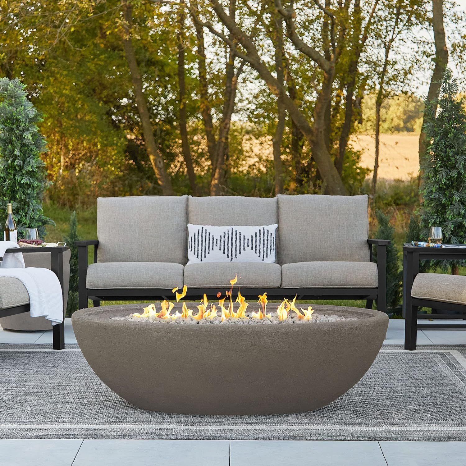 Real Flame Riverside – Cuenco ovalado de propano de 58 pulgadas, encendido con botón de encendido, incluye quemador de acero inoxidable de 28