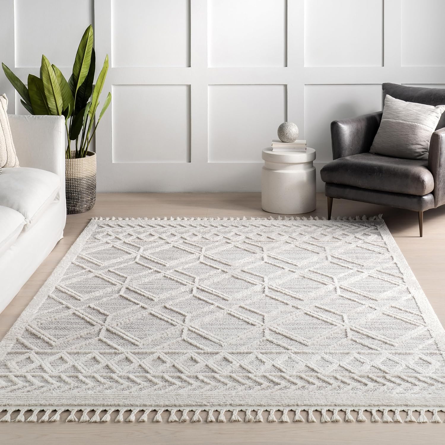 nuLOOM Ansley – Alfombra marroquí ovalada de 7 x 9 con borlas, gris claro, diseño bohemio con textura alta-baja, pelo alto de felpa, resistente a