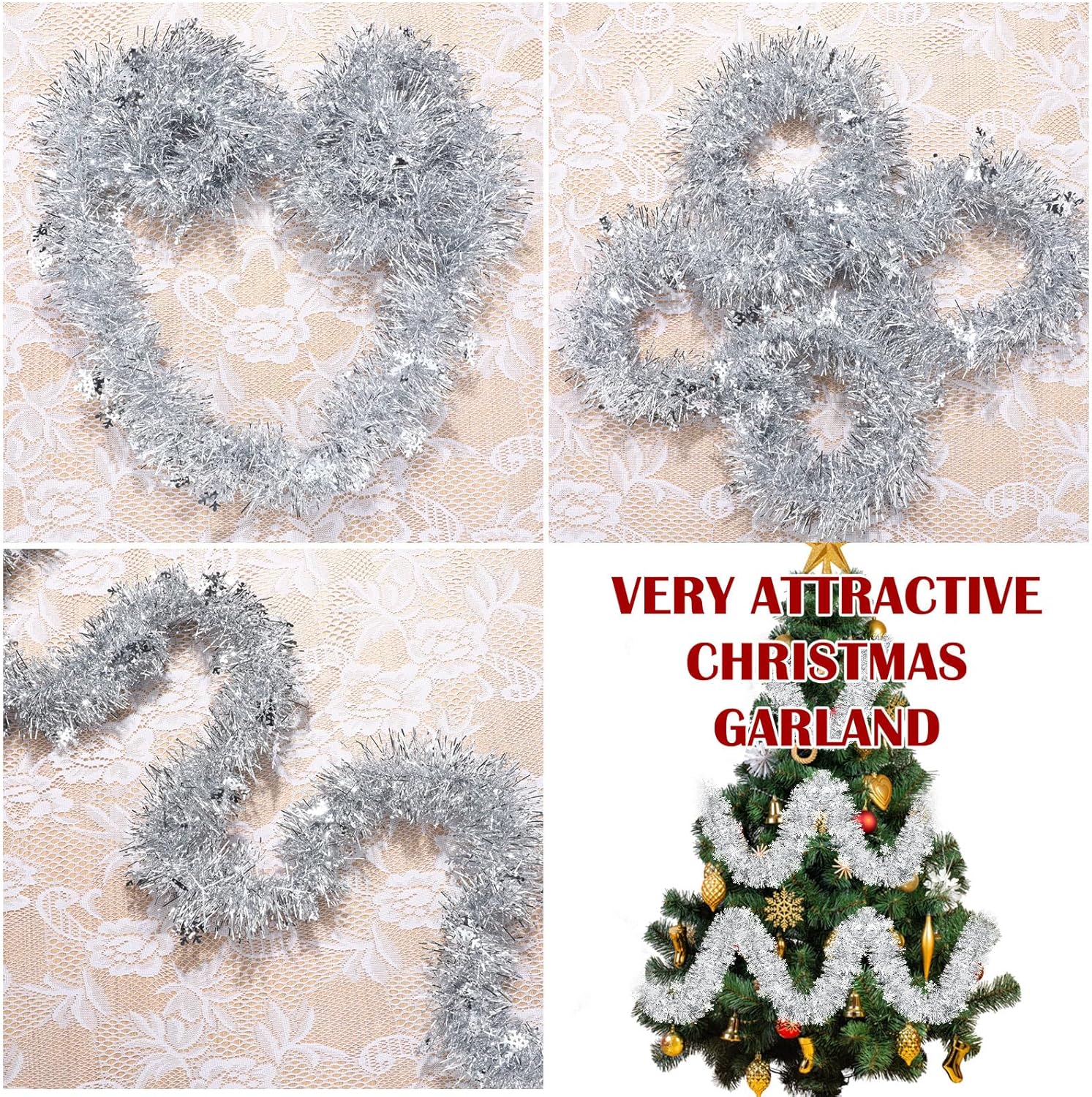 Guirnalda de oropel de copo de nieve de Navidad de 105 pies, guirnalda metálica torcida, decoración de Navidad, guirnalda de oropel de papel de