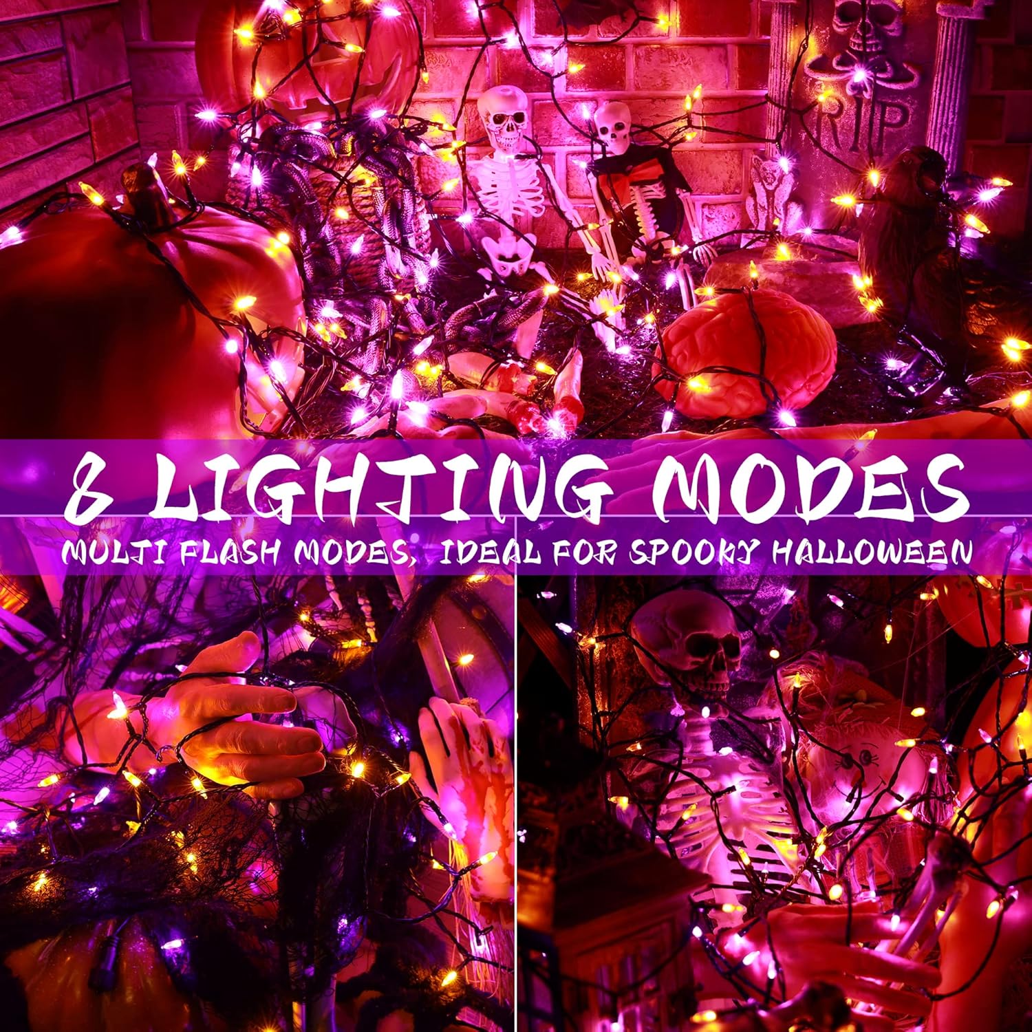 BrizLabs Luces de Halloween naranjas y moradas, 33 pies, 100 luces LED de Halloween, 8 modos de luces naranja y morado con temporizador, mini cadena