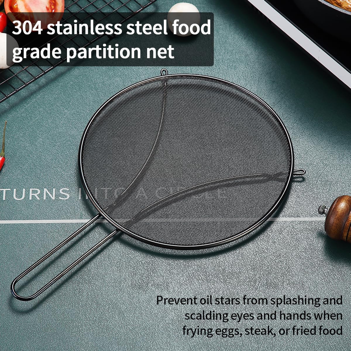 Pantalla negra contra salpicaduras para cocinar, malla fina de acero inoxidable de 9.8 pulgadas para sartén, protector de grasa para sartén para