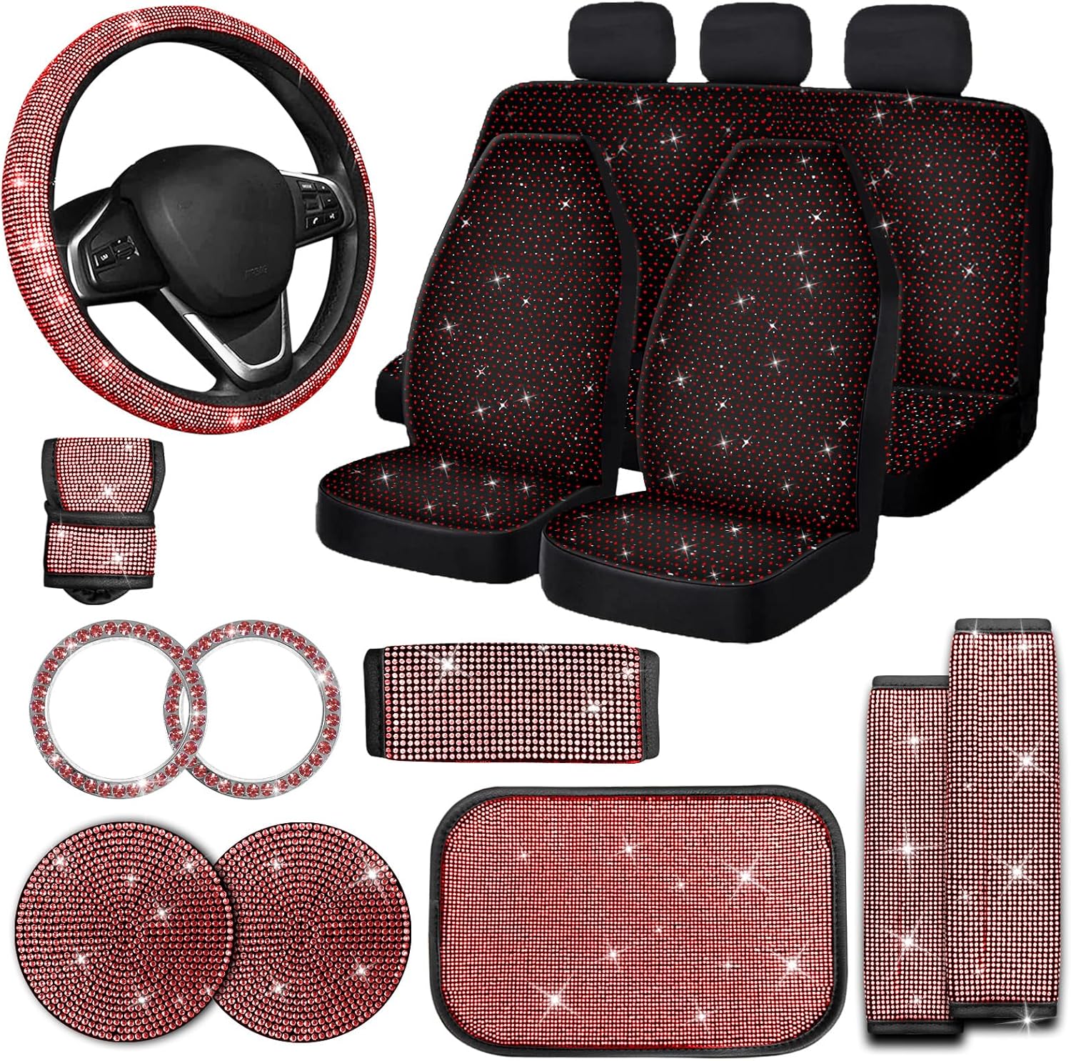 Juego de 17 fundas brillantes para asiento de automóvil, accesorios de diamantes de imitación para volante, fundas de terciopelo brillante