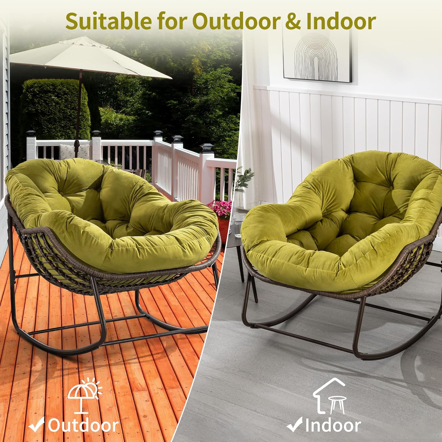 HOMEFUN Mecedoras para patio al aire libre, mecedora Papasan de gran tamaño para interiores con cojín acolchado, silla mecedora para porche